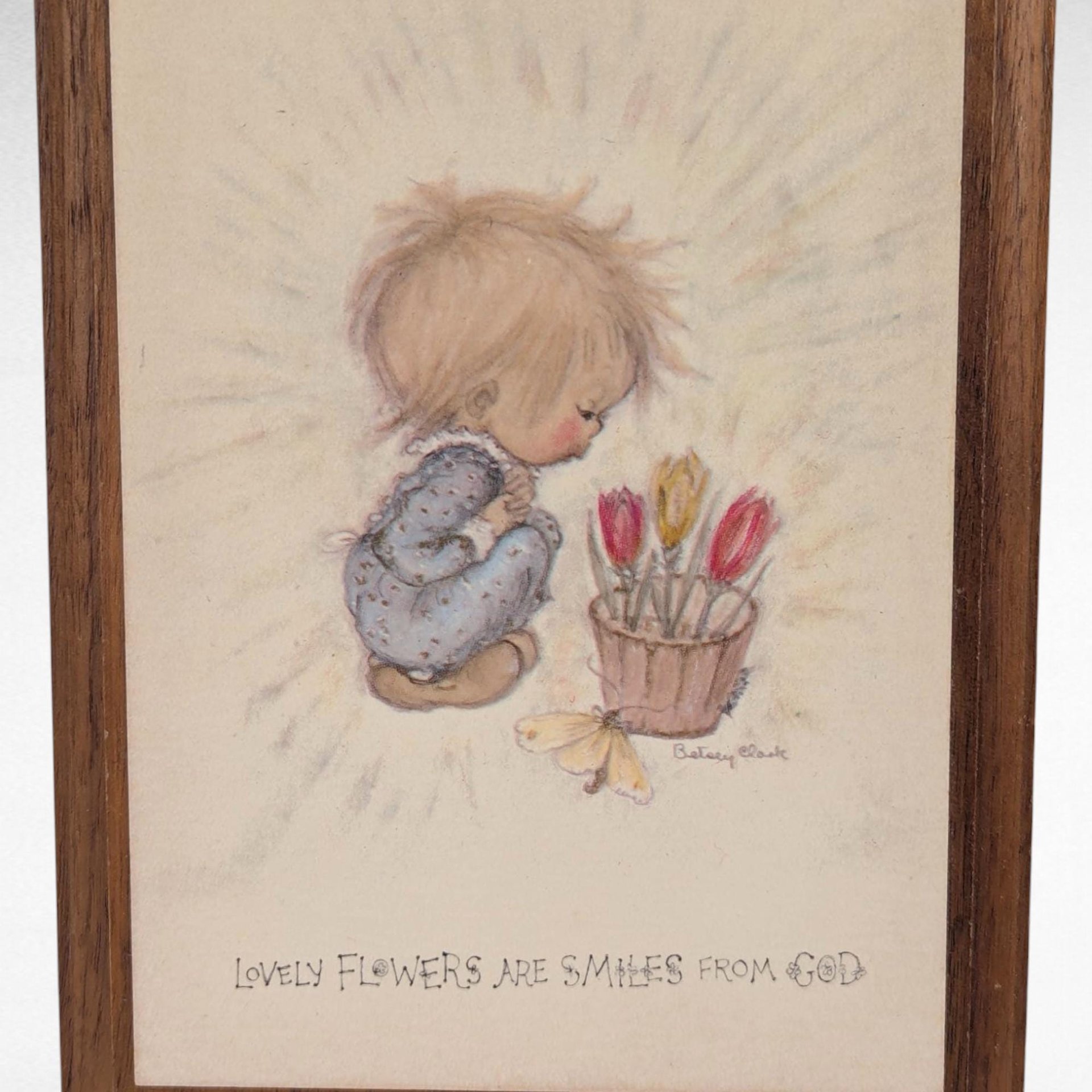 1971 Betsey Clark "Blessings" & "Flowers" Wooden Plaques, Vintage Children's Art, Inspirational Wall Decor, Gift Set