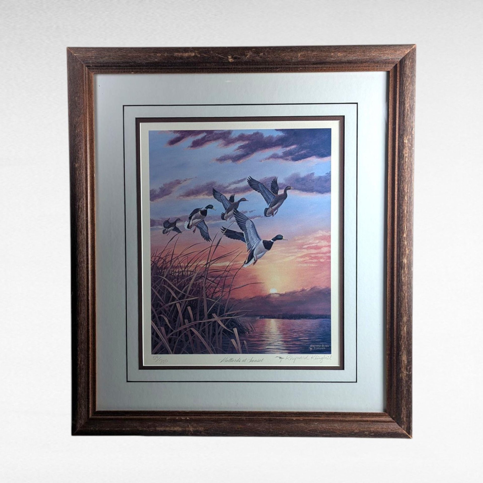 Vintage "Mallards at Sunset" Signed & Numbered Print by Rhynard Klingbeil, Framed Wildlife Art, Duck Decor, Nature Gift