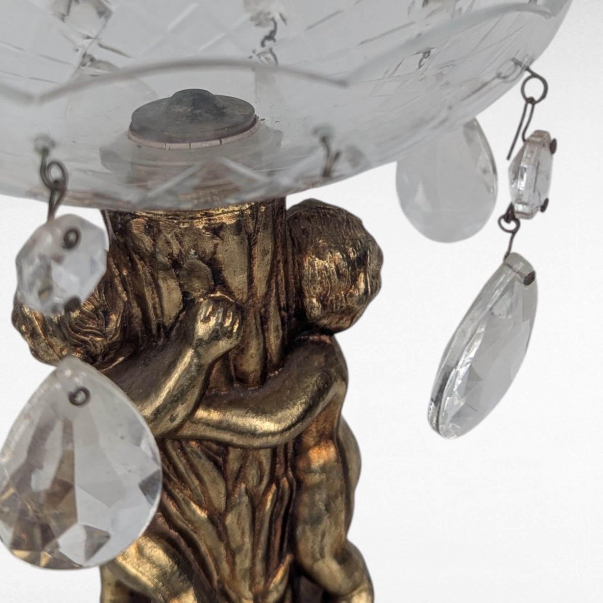 Vintage Glass Brass Cherub Bowl Missing Drops Decorative Centerpiece for Parts or Repair