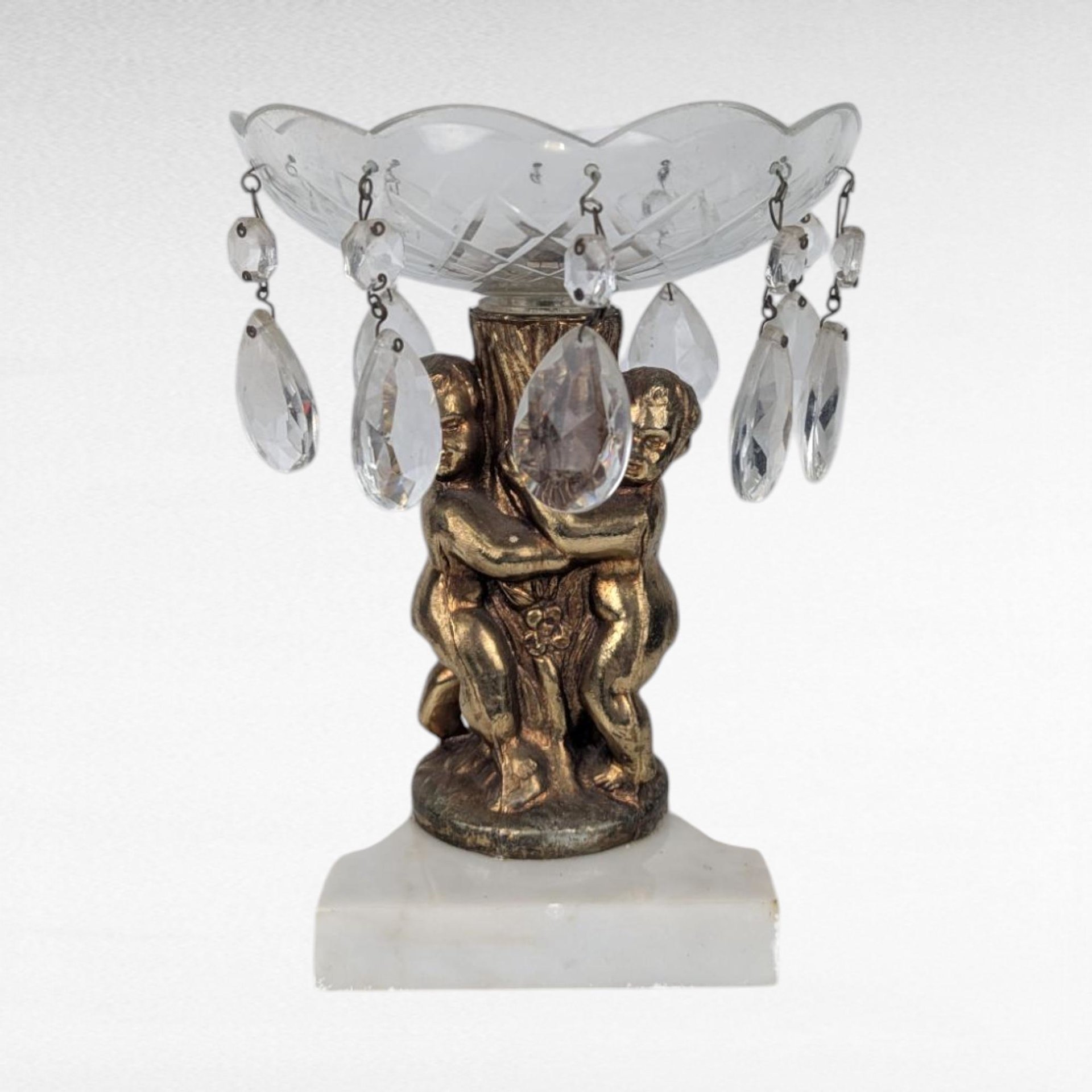 Vintage Glass Brass Cherub Bowl Missing Drops Decorative Centerpiece for Parts or Repair