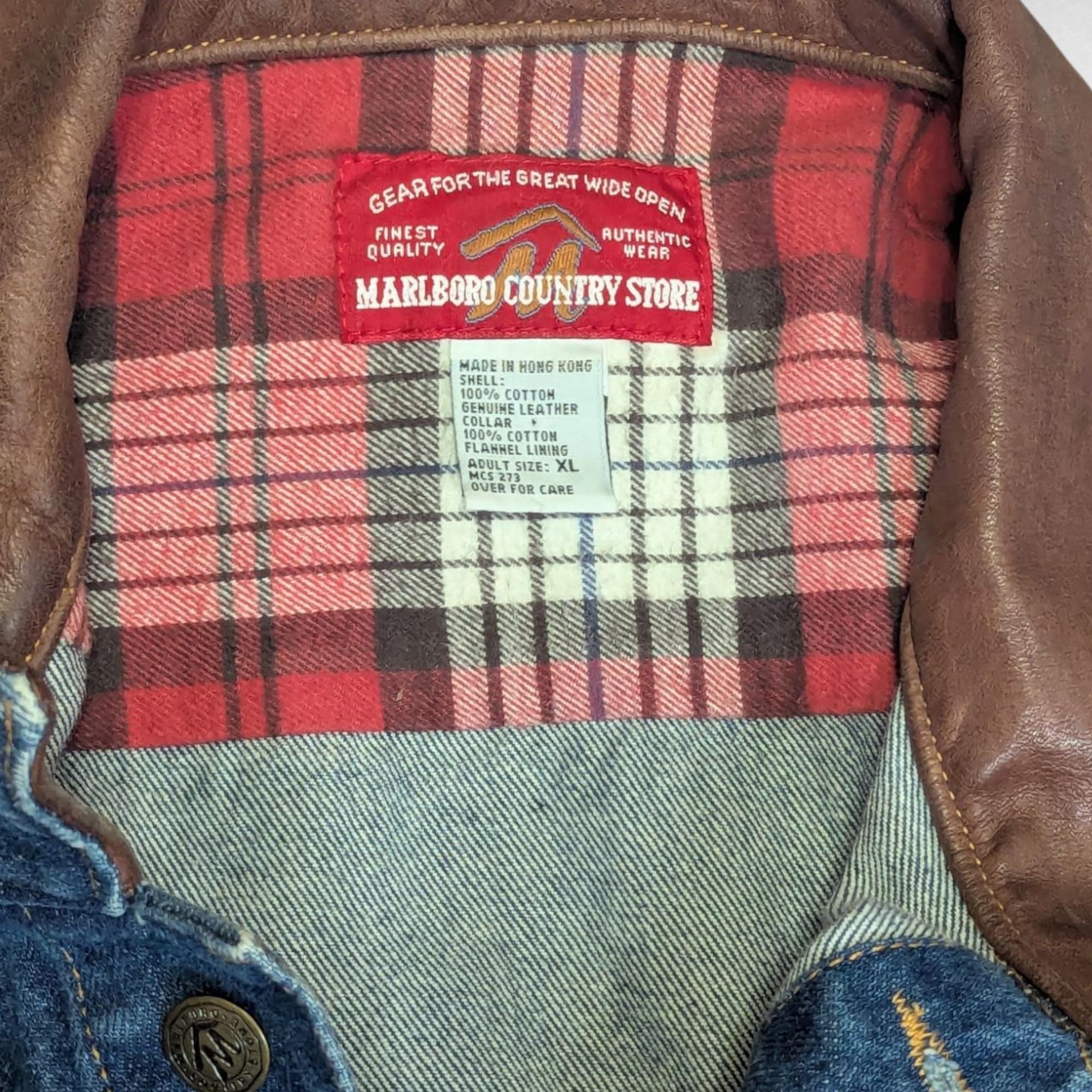 Vintage Marlboro Country Store Denim Jacket XL, Collector Jean Coat with Brown Leather Collar