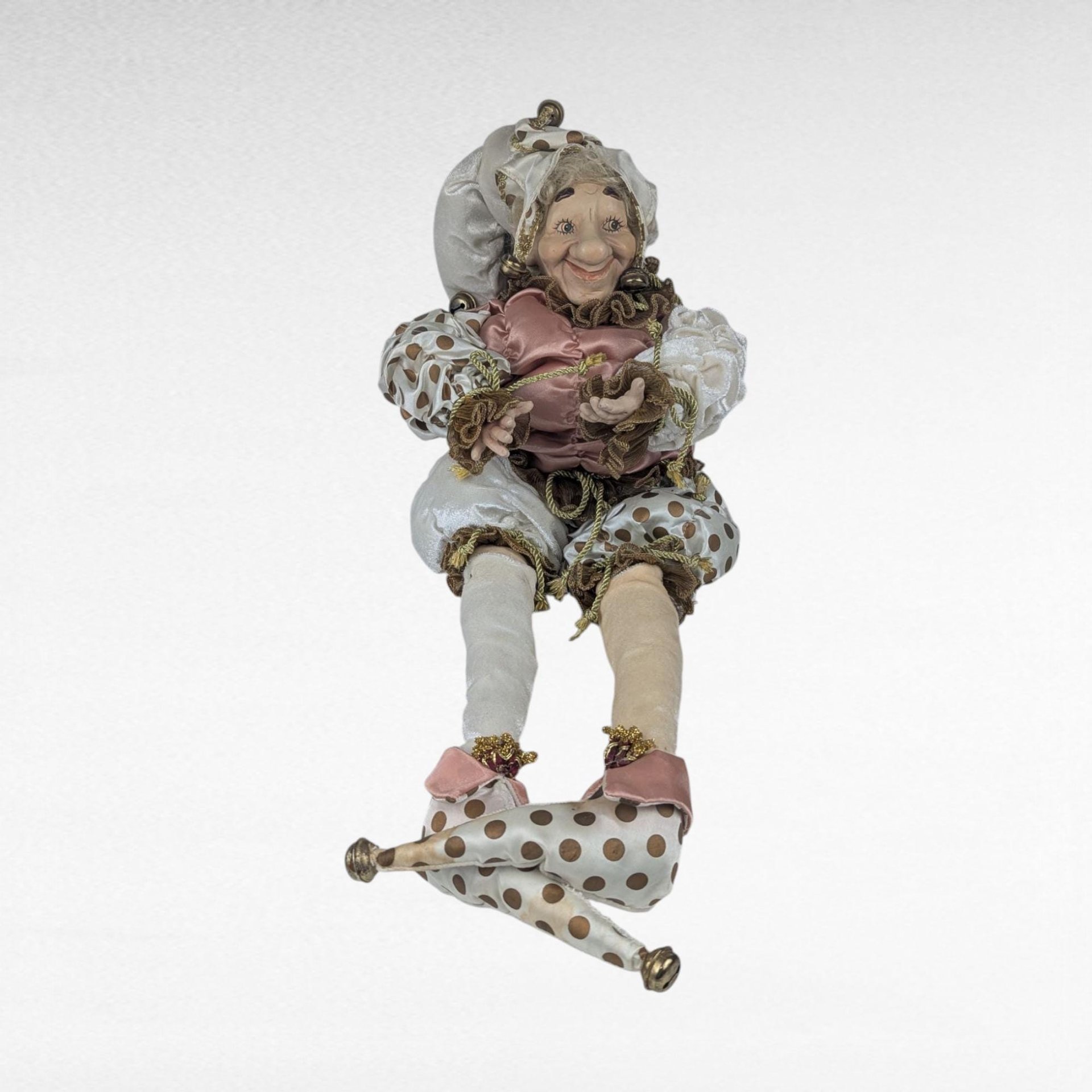Vintage Pink Gold White Jester Doll, Large Sitting Harlequin Figure, Unique Decor Clown
