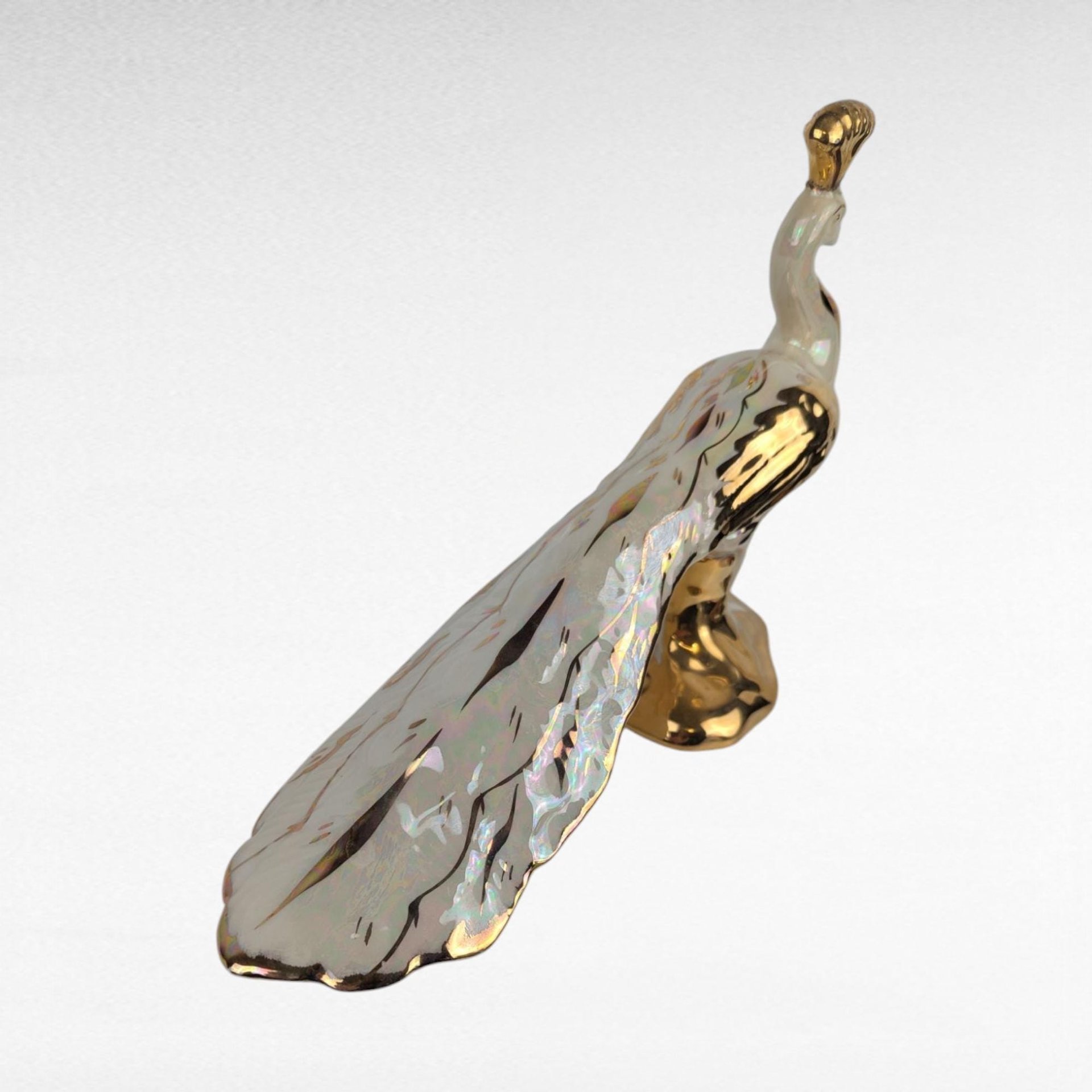 Vintage Bel-Ar Pottery Lusterware Peacock Figurine USA Ceramic Bird Gold Accents Elegant Home Decor Gift for Collectors