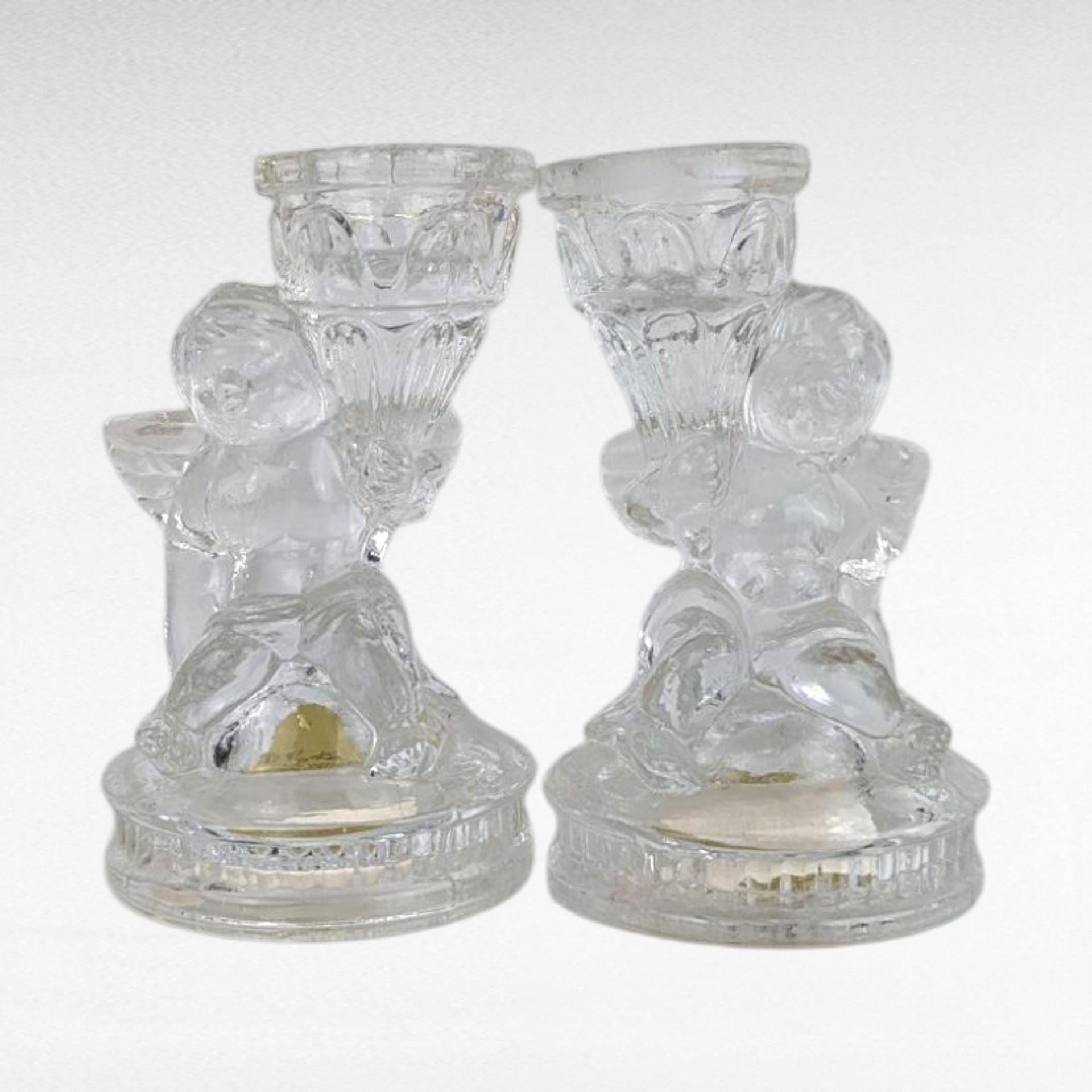 Vintage K's Collection Cherub Candle Holders, Clear Glass Angel Candlestick Pair, 4" Taper Candle Holders, Home Decor