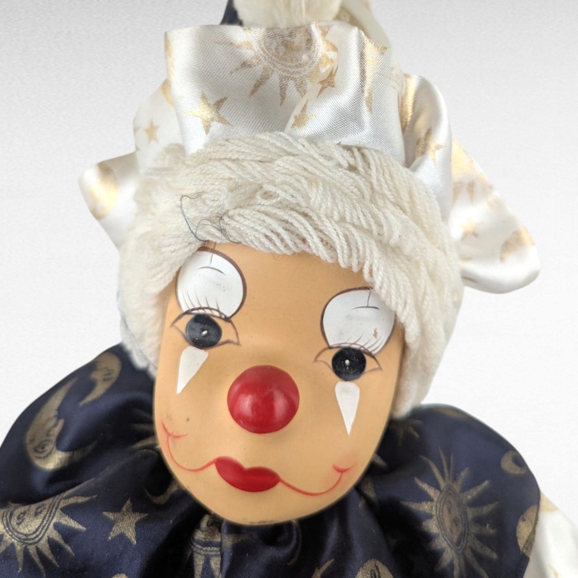 Vintage Porcelain Clown Doll, Swinging, Blue White, Celestial Decor, Collectible