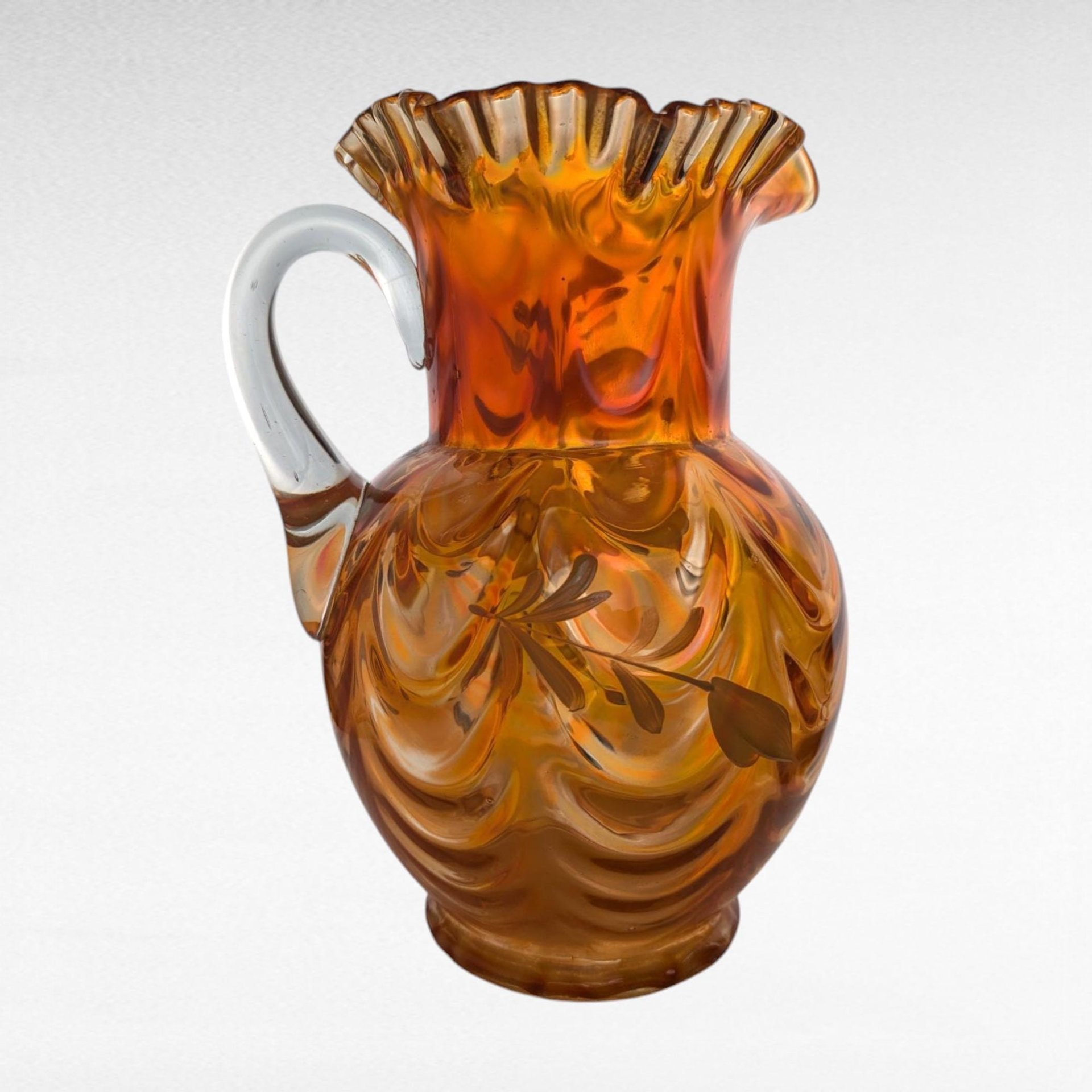 Vintage Fenton Draped Marigold Pitcher, Carnival Glass Style, Hand-Painted Floral Pitcher, 9.5" Height, Gift for Collectors