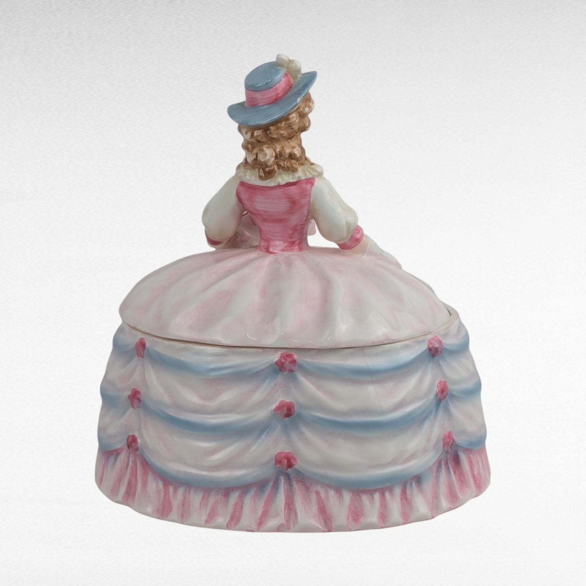 Vintage Andrea Lady Powder Box Pink Dress Ceramic Victorian Style Figurine Vanity Decor Gift for Her