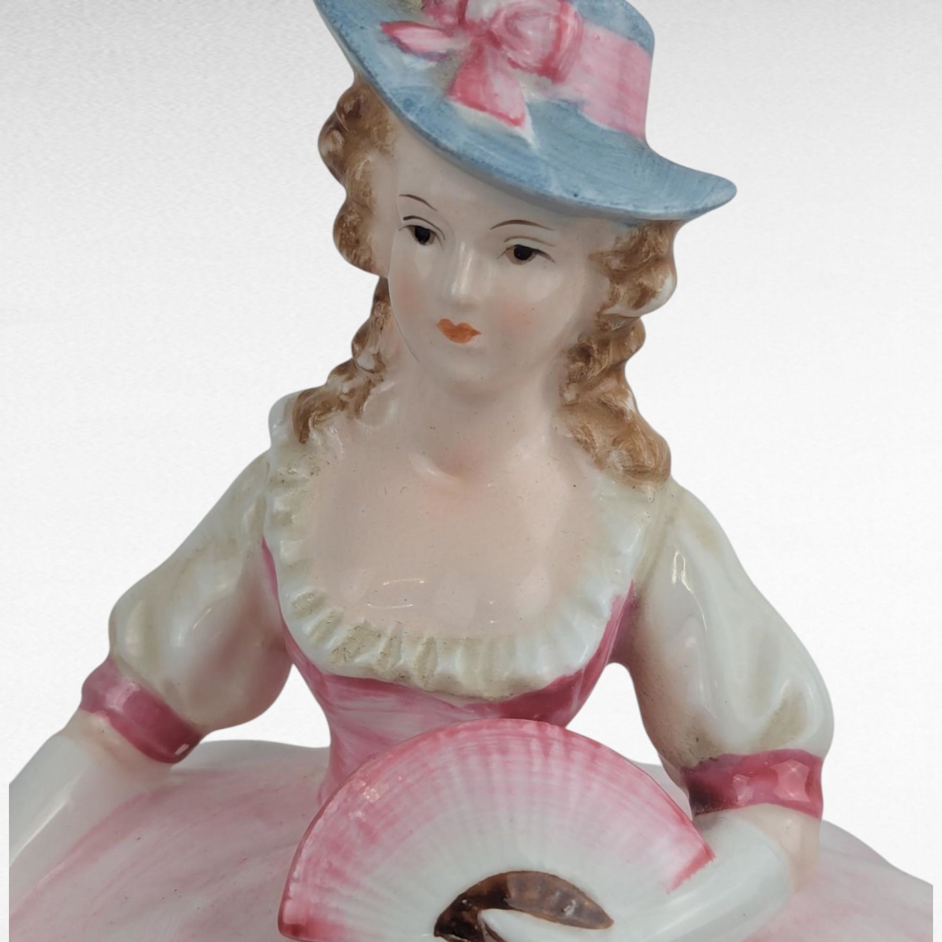 Vintage Andrea Lady Powder Box Pink Dress Ceramic Victorian Style Figurine Vanity Decor Gift for Her
