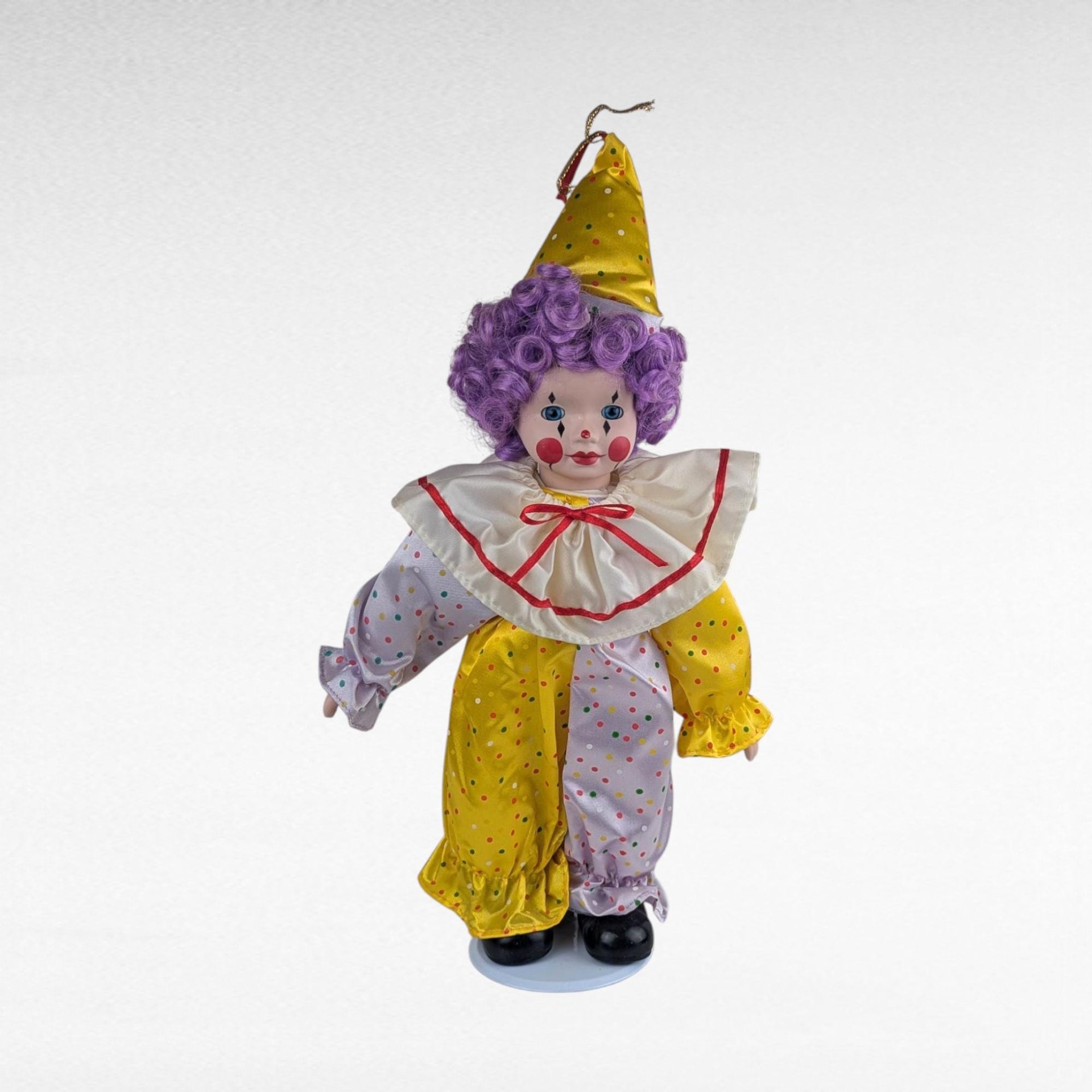 Vintage Porcelain Clown Doll, Purple Hair, Soft Expressions, Collectible, Display Decor