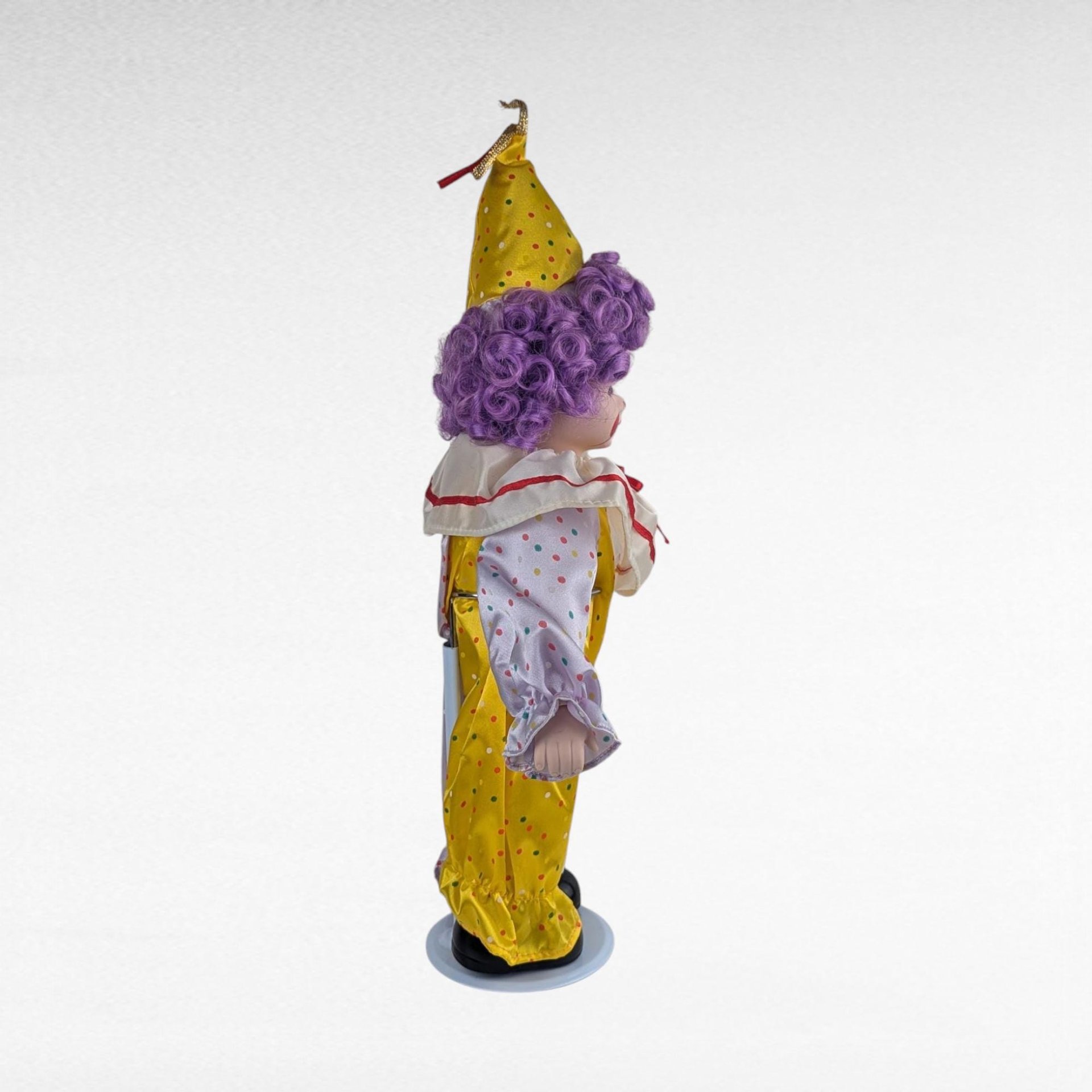 Vintage Porcelain Clown Doll, Purple Hair, Soft Expressions, Collectible, Display Decor