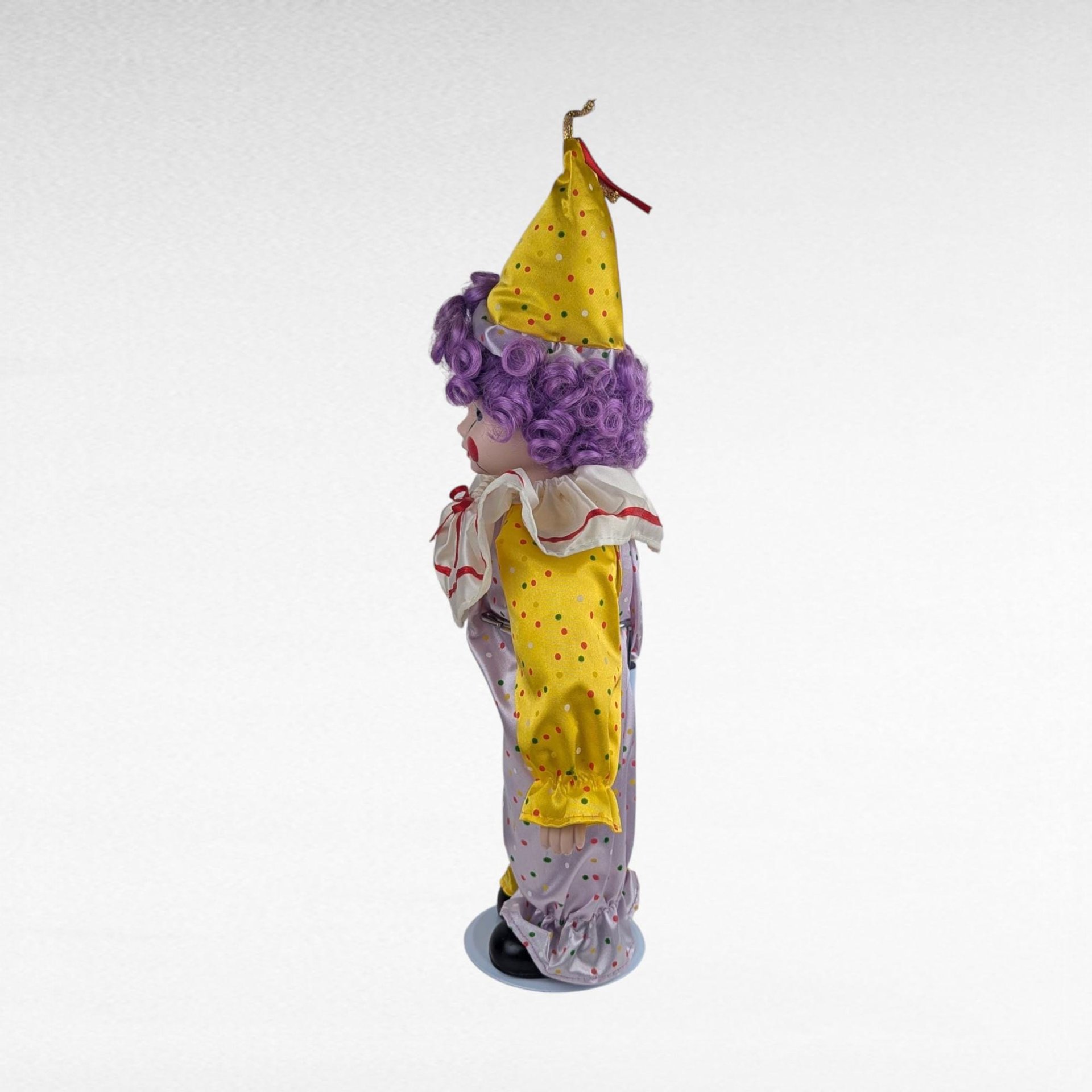 Vintage Porcelain Clown Doll, Purple Hair, Soft Expressions, Collectible, Display Decor