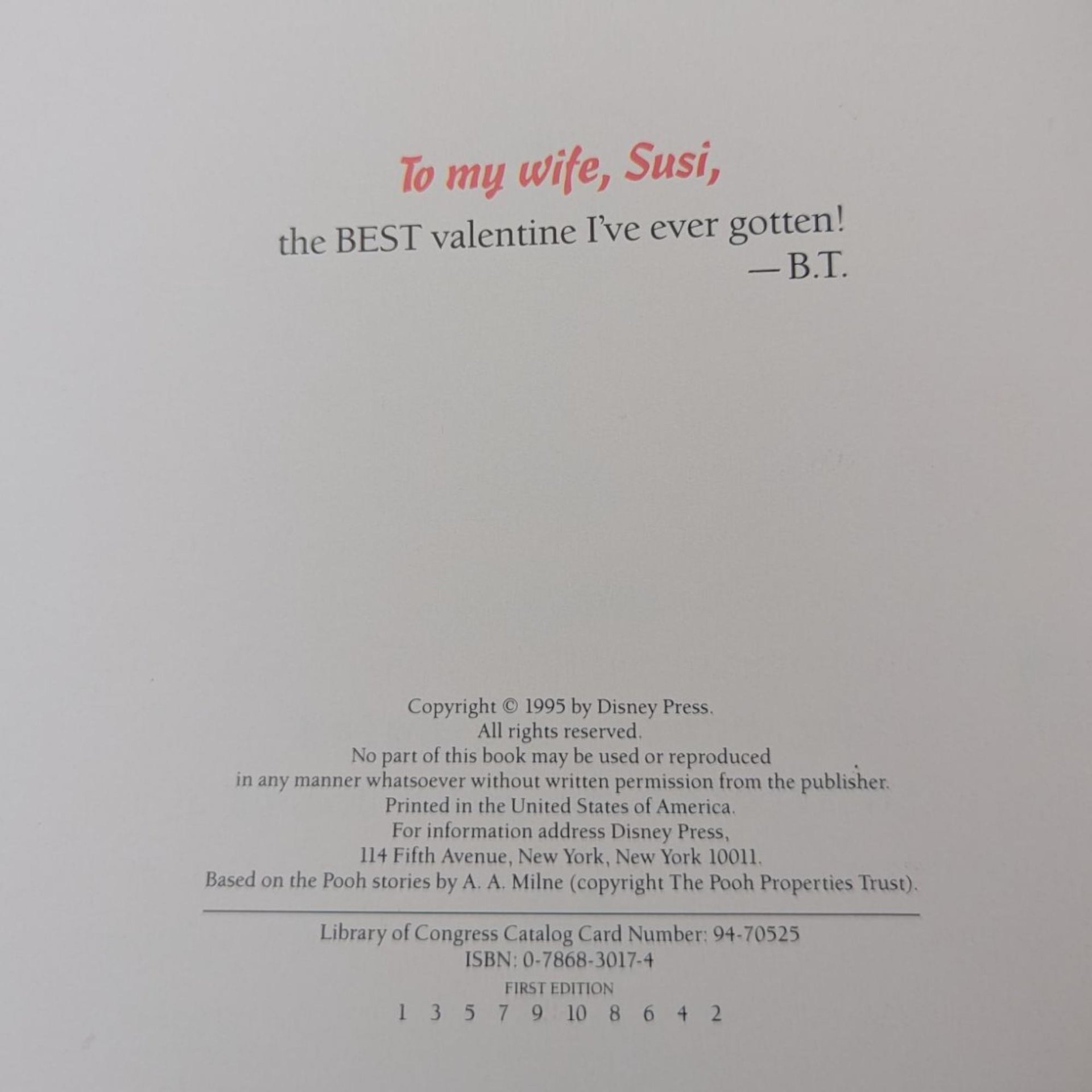 1995 Disney Winnie the Pooh's Valentine Hardcover Book, Children's Valentine Story, Pooh Bear Gift