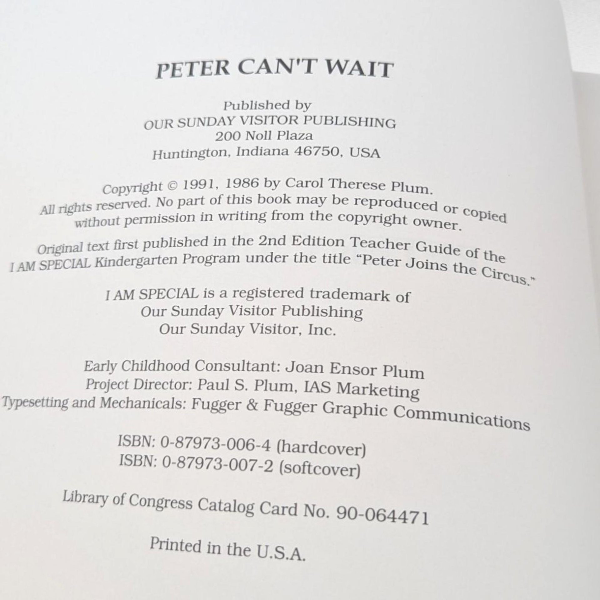 1991 Peter Can't Wait Softcover, Carol Therese Plum, Illustrated Children's Book