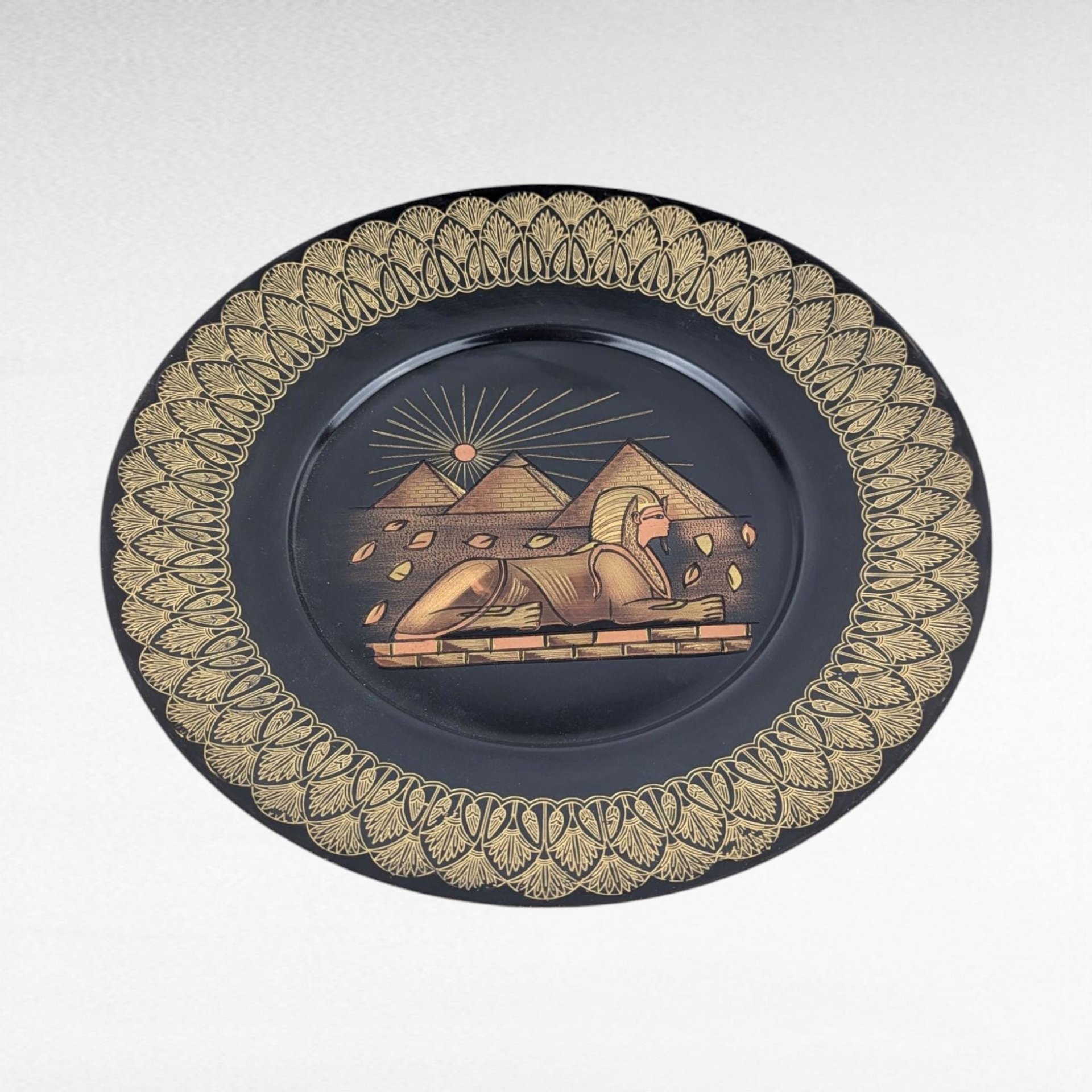 Vintage Egyptian Brass Decor Plate, Sphinx, Pyramids, Wall Hanging, Gift