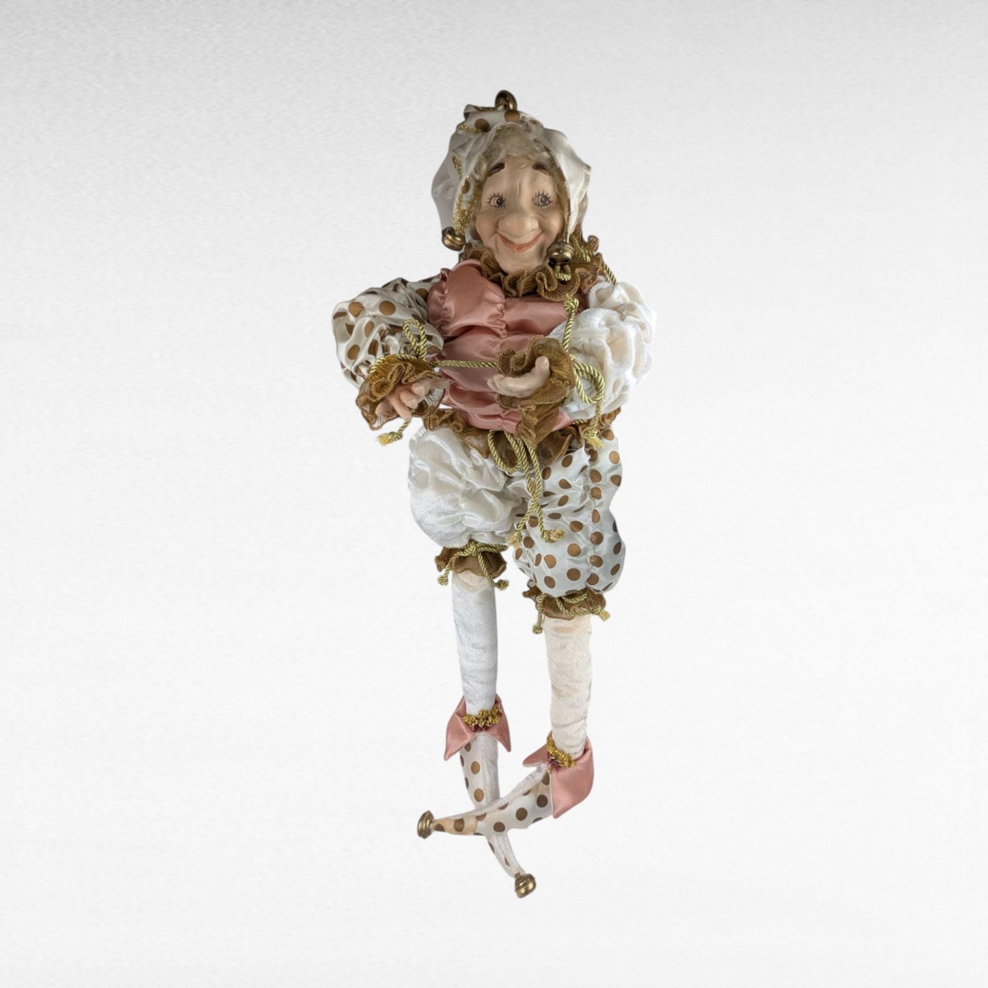 Vintage Pink Gold White Jester Doll, Large Sitting Harlequin Figure, Unique Decor Clown