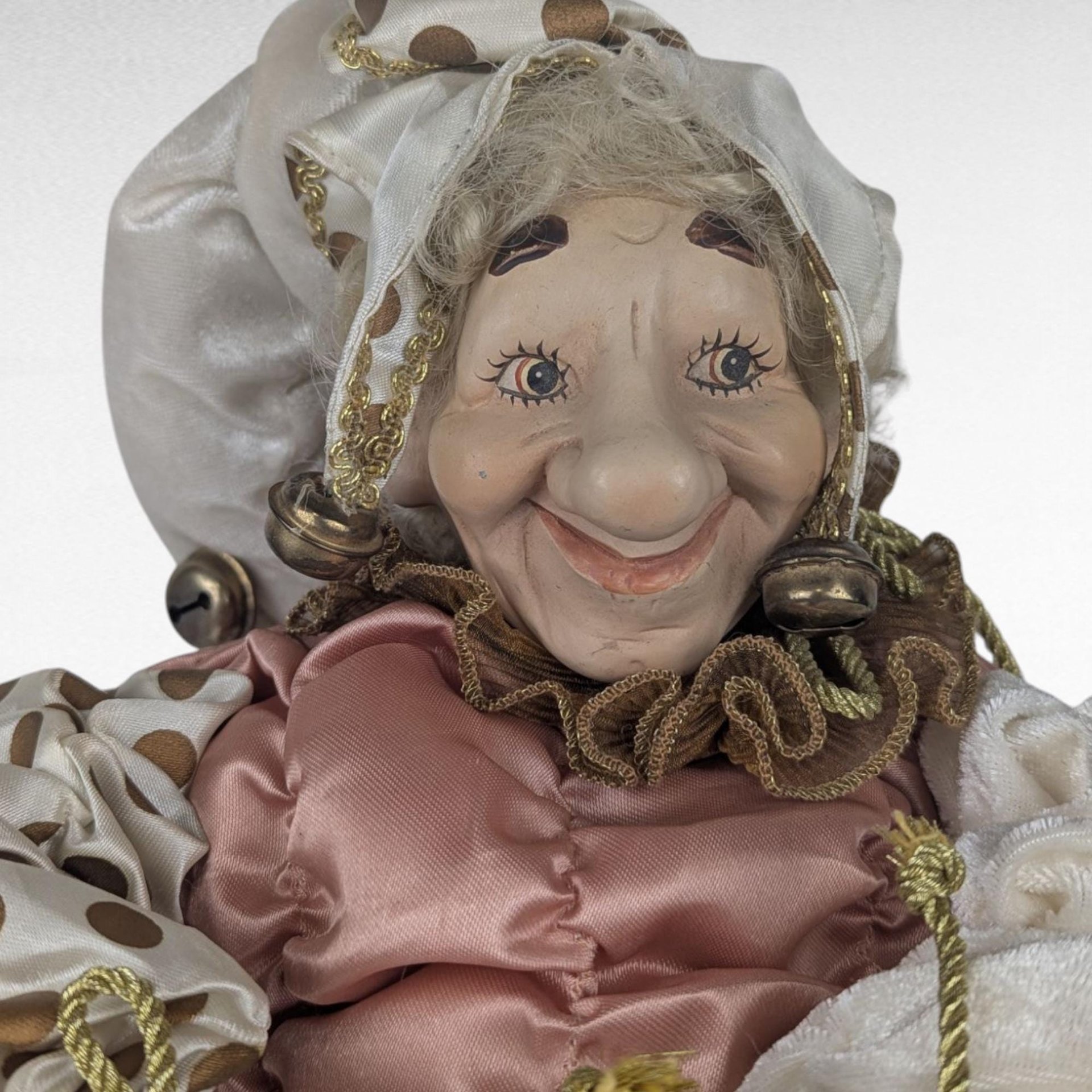 Vintage Pink Gold White Jester Doll, Large Sitting Harlequin Figure, Unique Decor Clown