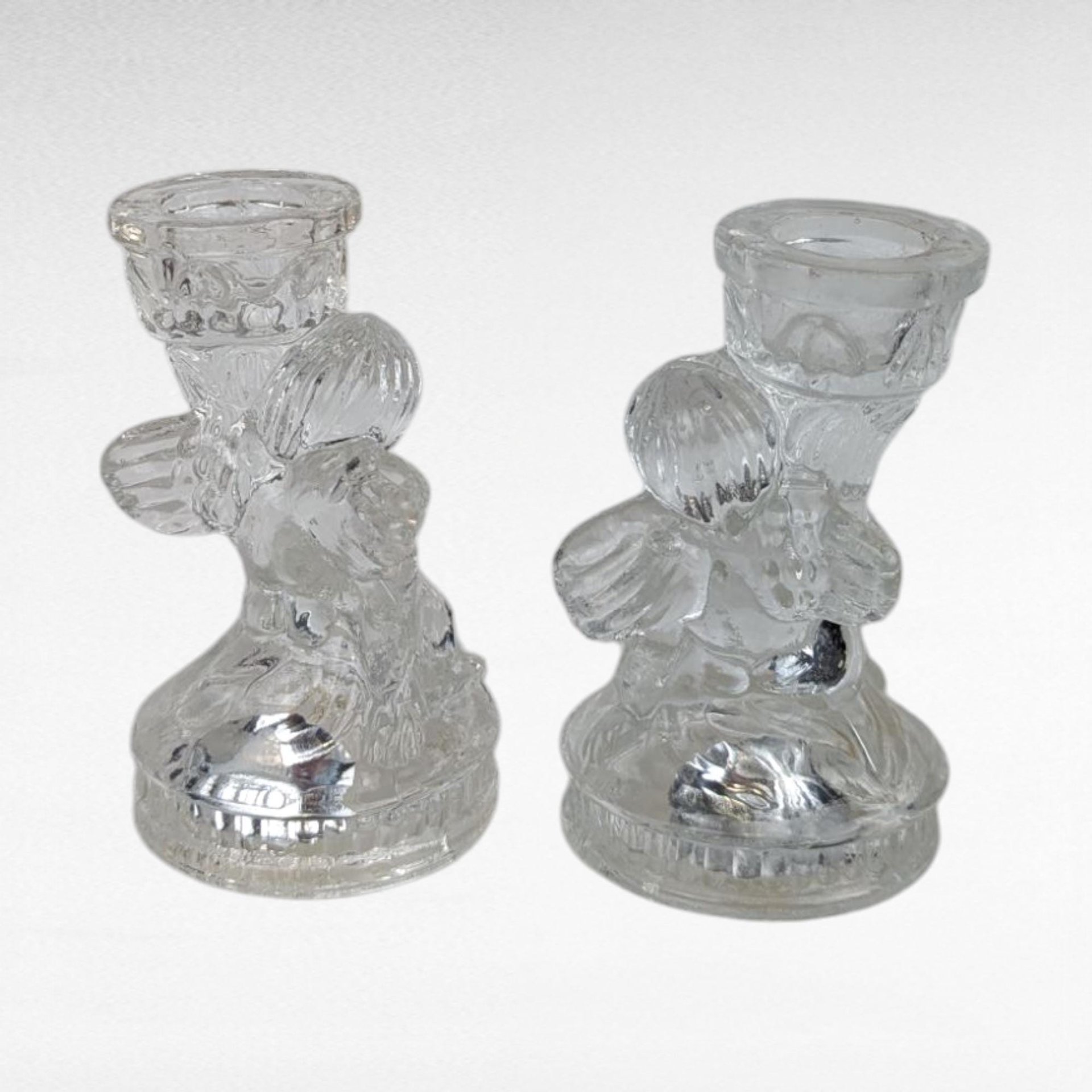 Vintage K's Collection Cherub Candle Holders, Clear Glass Angel Candlestick Pair, 4" Taper Candle Holders, Home Decor