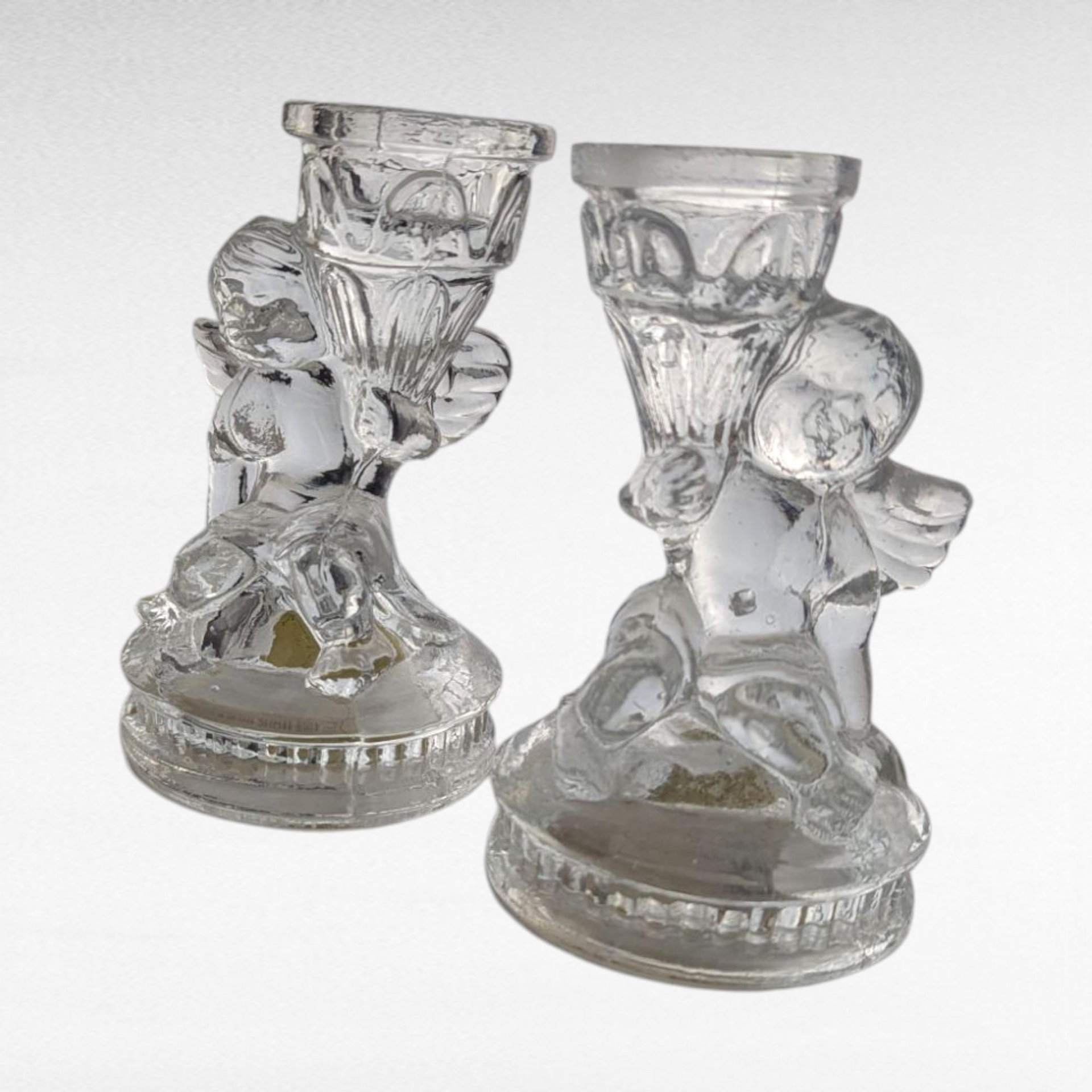 Vintage K's Collection Cherub Candle Holders, Clear Glass Angel Candlestick Pair, 4" Taper Candle Holders, Home Decor