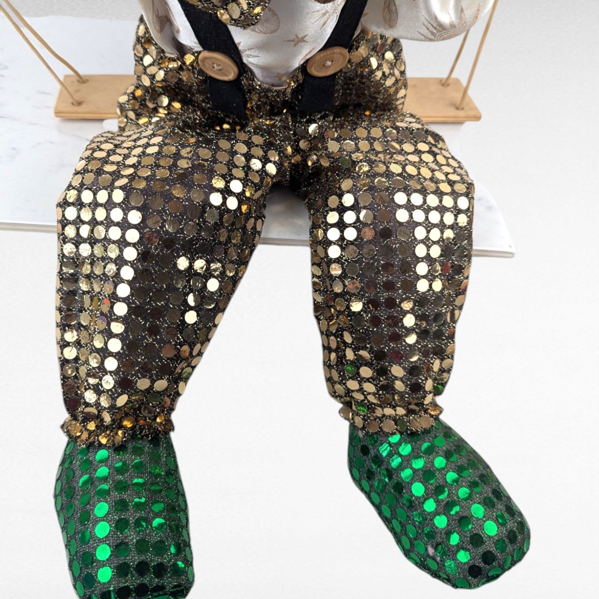 Vintage Porcelain Clown Doll on Swing, Green Gold Sequin Clown Figure, Hanging Circus Decor, Collectible Clown