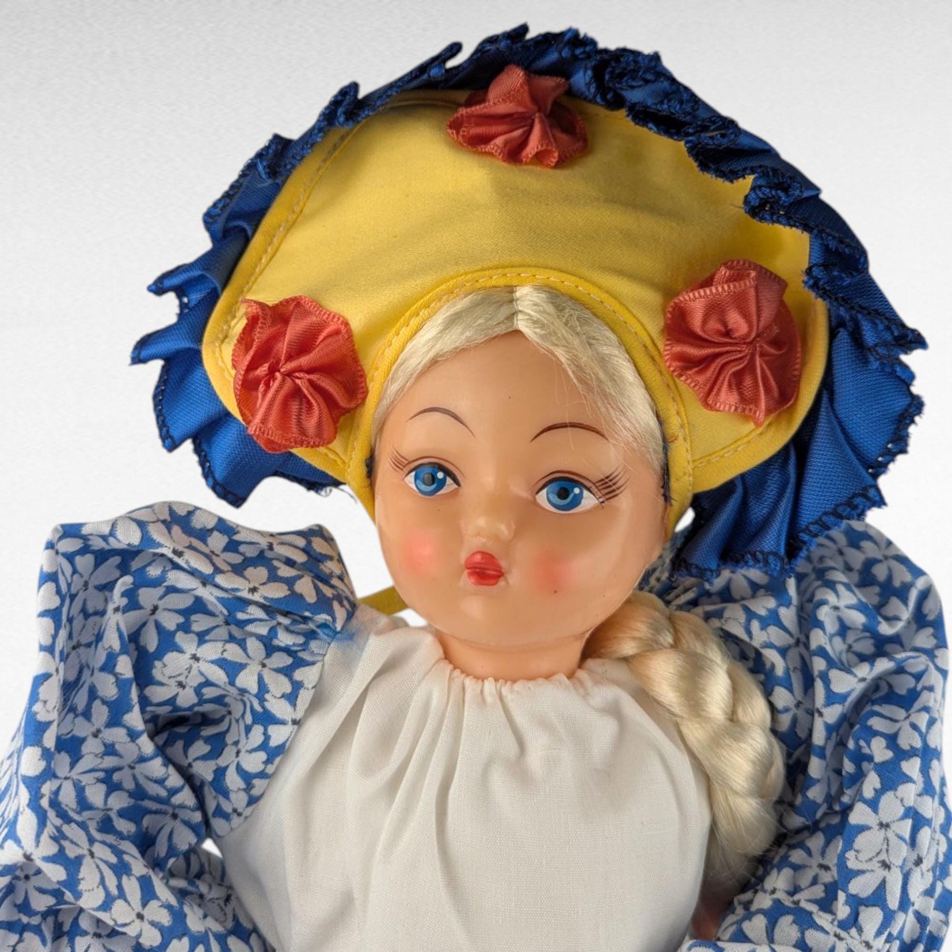 Vintage Handmade Teapot Cozy Doll, 19-Inch Tall, Blue & Orange Dress, Plastic Face, Country Kitchen Charm