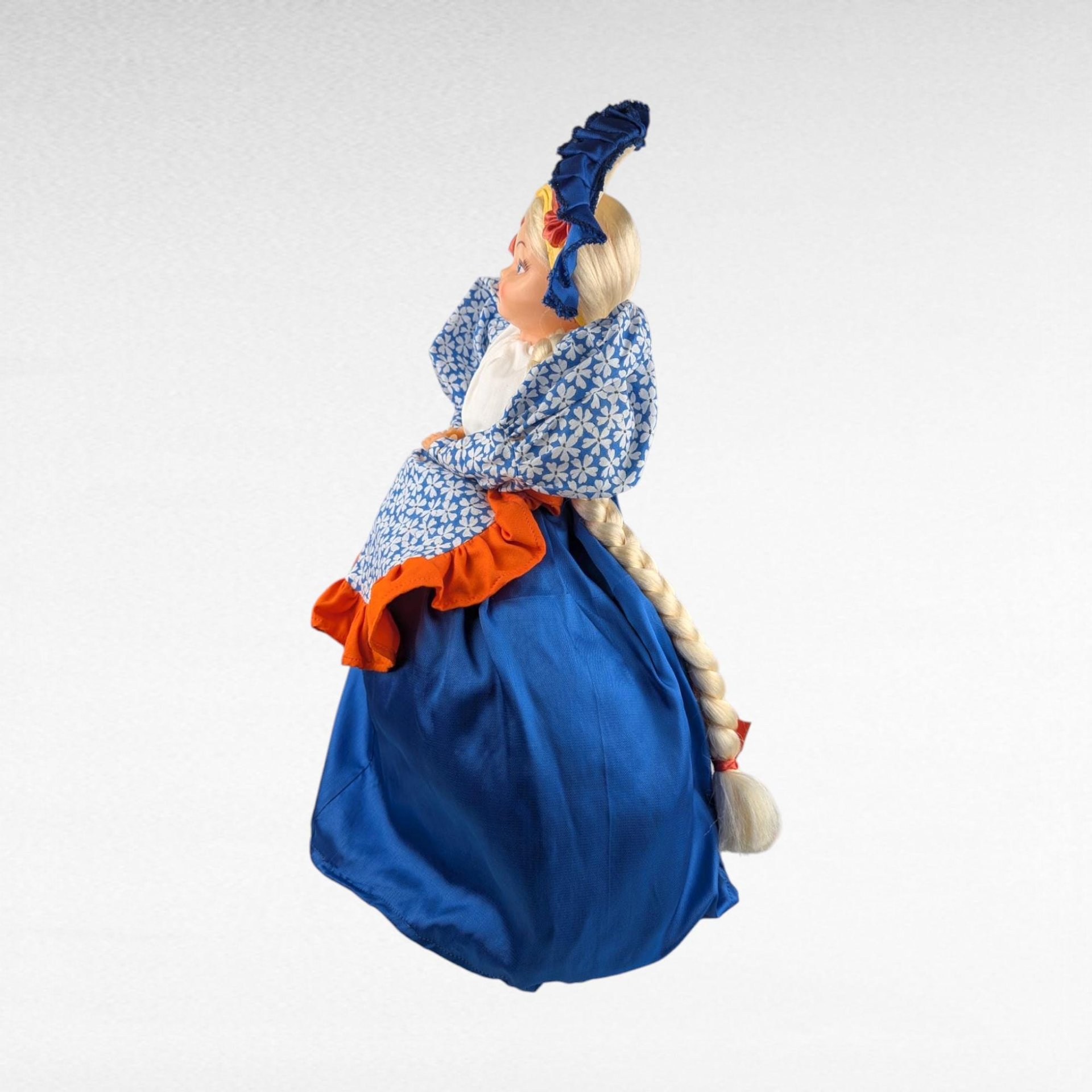 Vintage Handmade Teapot Cozy Doll, 19-Inch Tall, Blue & Orange Dress, Plastic Face, Country Kitchen Charm
