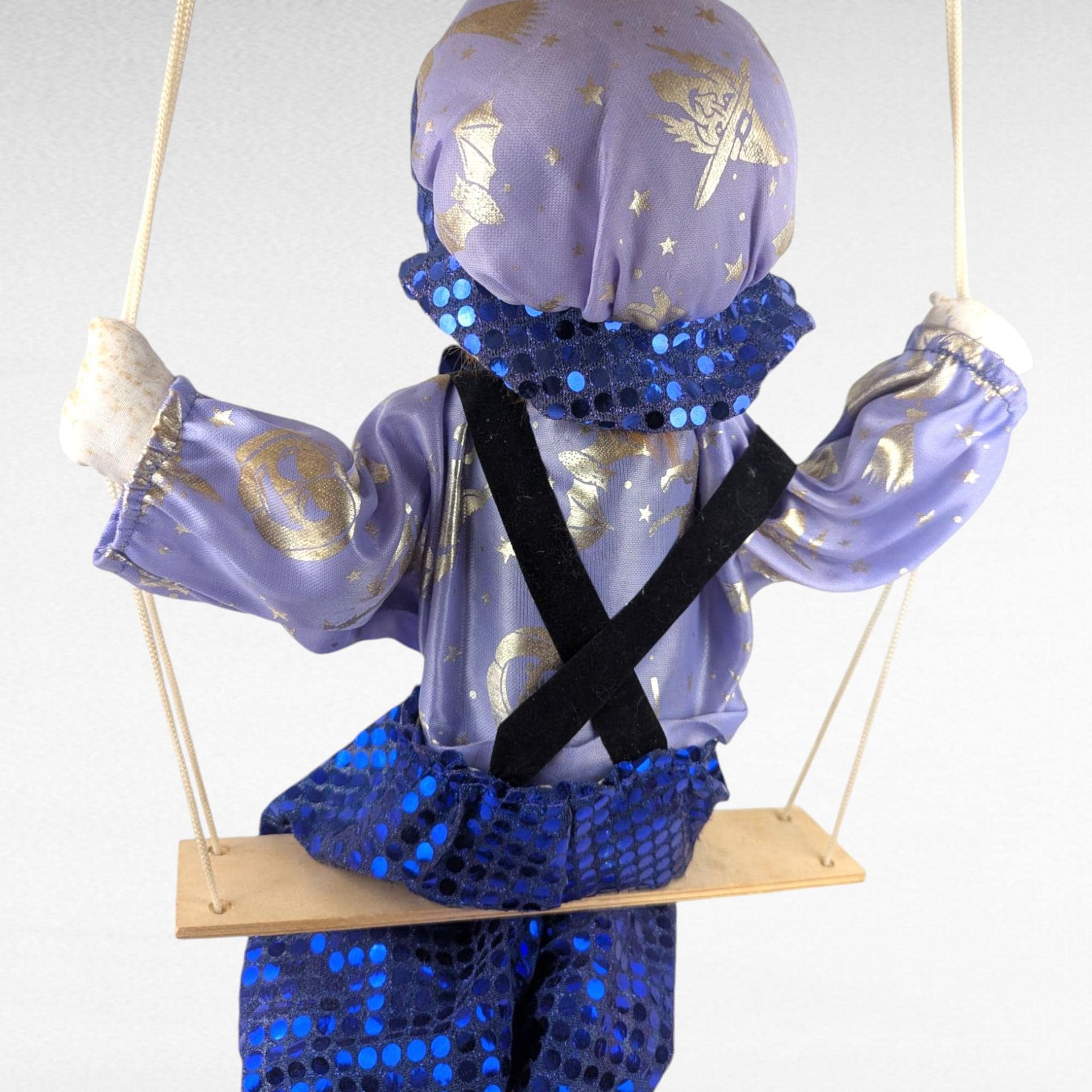 Vintage Porcelain Blue Clown Doll, Hanging, Collectible Circus Decor