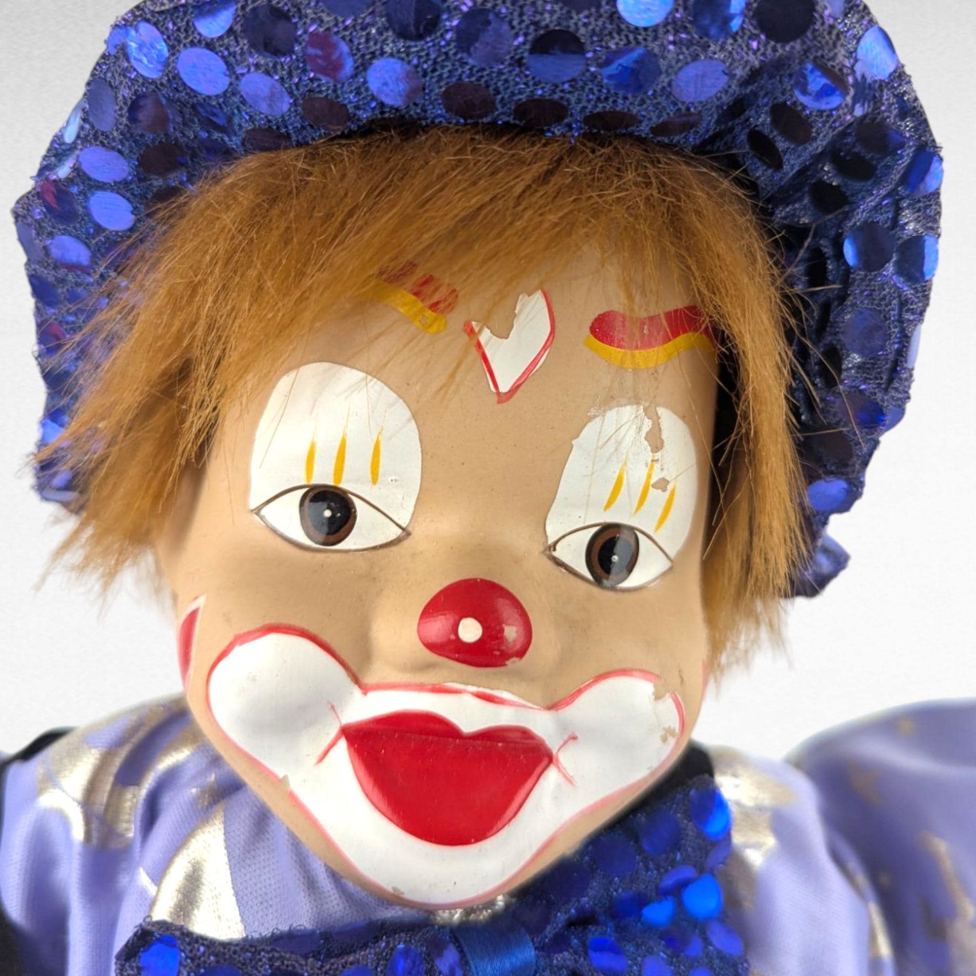 Vintage Porcelain Blue Clown Doll, Hanging, Collectible Circus Decor