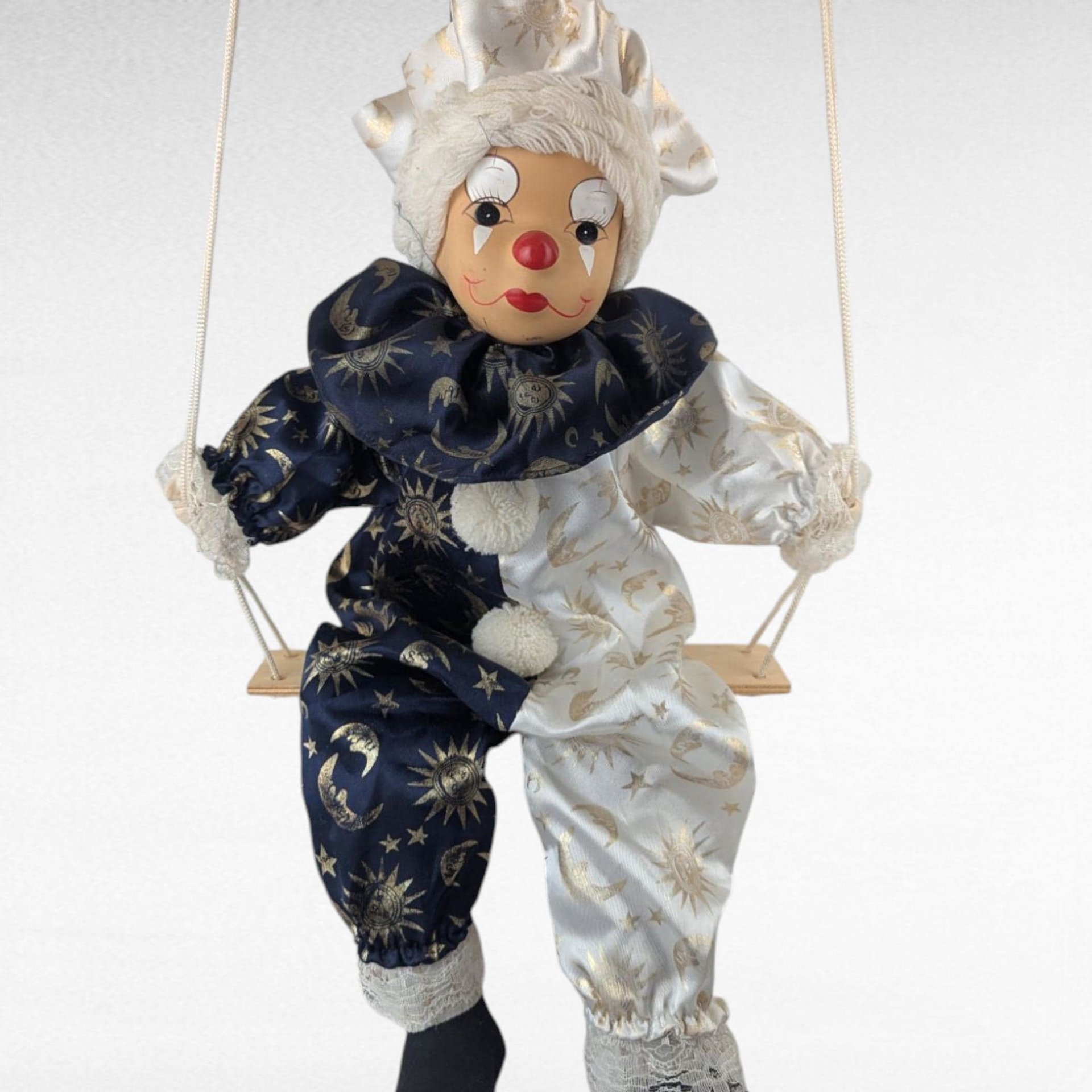 Vintage Porcelain Clown Doll, Swinging, Blue White, Celestial Decor, Collectible