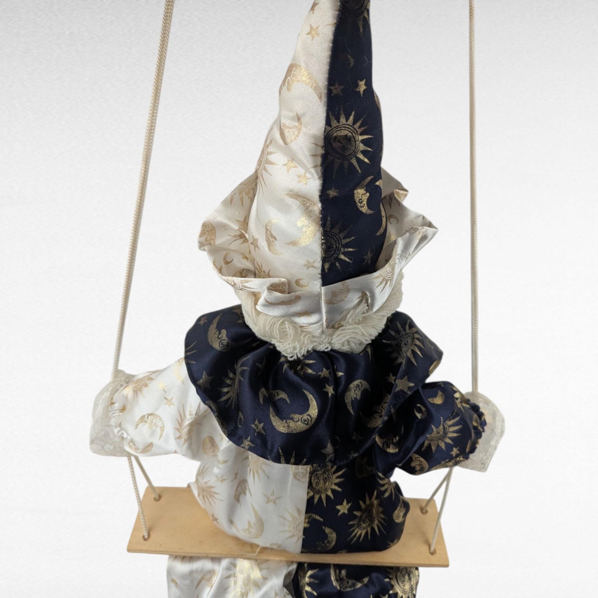 Vintage Porcelain Clown Doll, Swinging, Blue White, Celestial Decor, Collectible