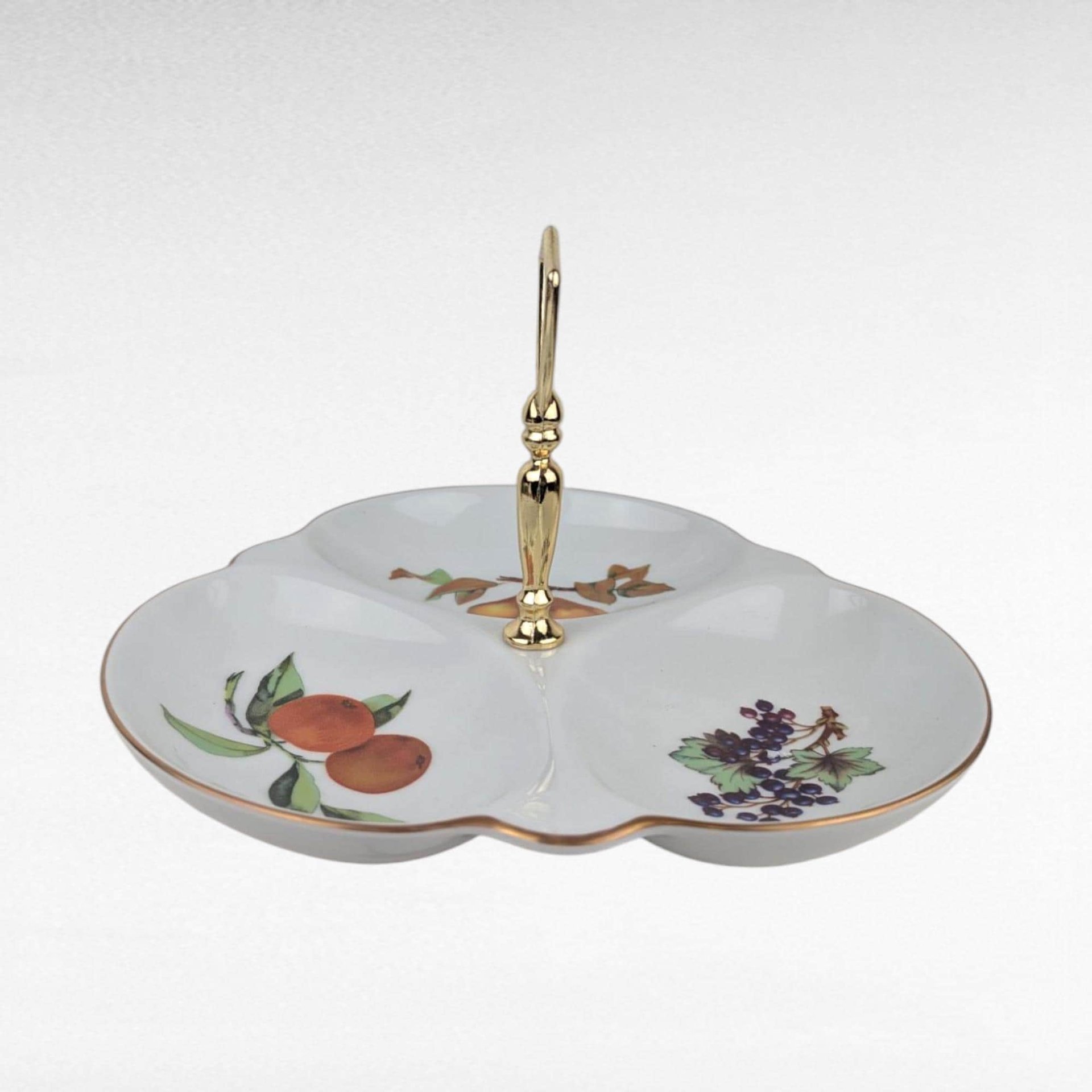 Vintage 1961 Royal Worcester Evesham Gold 3 Part Relish Dish, 9.5 Inch Divided Serving Dish with Center Handle, Fine Bone China