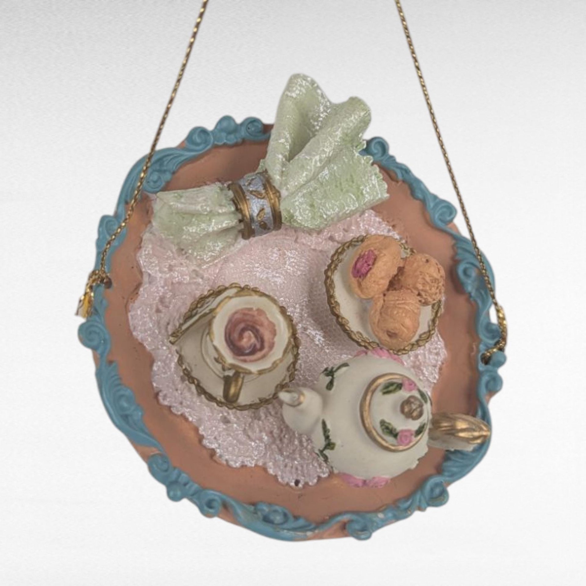 Vintage Resin Picnic Basket Tea Party Ornament Set, Detailed Miniature, Food Drink Theme, Hanging Decor