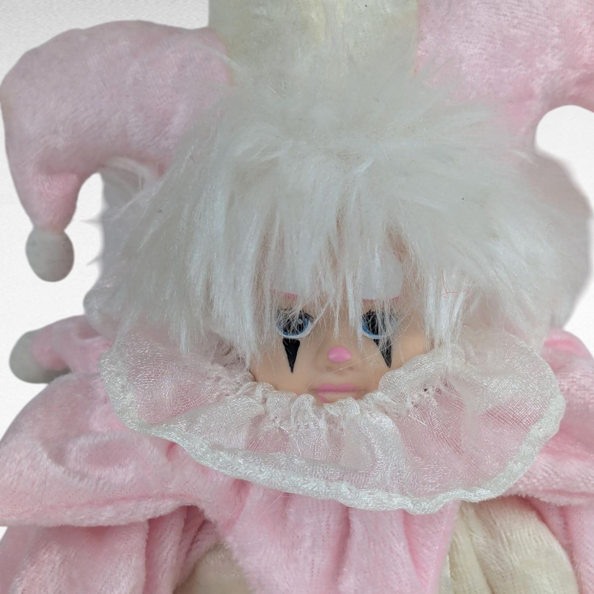 Vintage Porcelain Jester Doll, Pink White Clown Baby, Collectible Figurine, Nursery Decor, Unique Gift