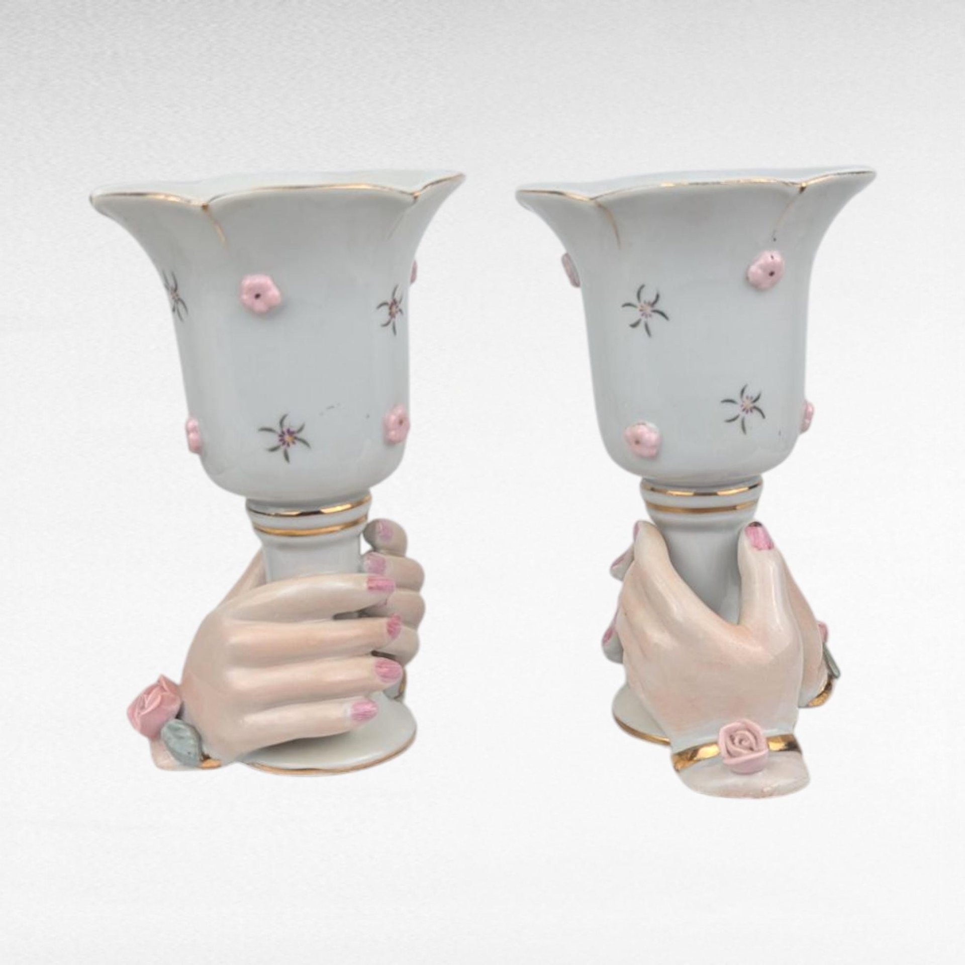 Vintage Pair of Ceramic Hands Holding Candle Holders, Vases, Pink Roses, Gold Trim, Mid Century, Vanity Decor, Shabby Chic, Figural