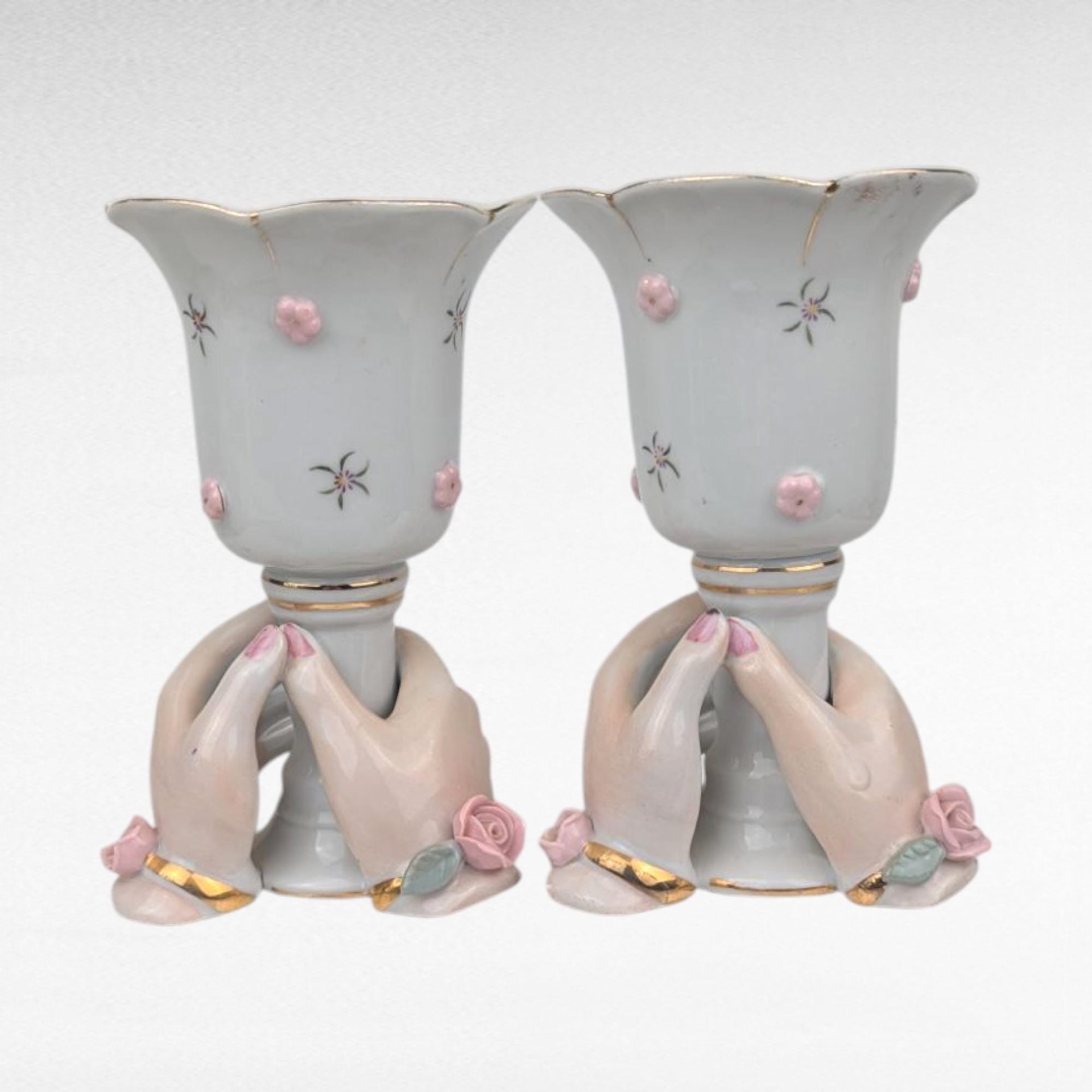 Vintage Pair of Ceramic Hands Holding Candle Holders, Vases, Pink Roses, Gold Trim, Mid Century, Vanity Decor, Shabby Chic, Figural