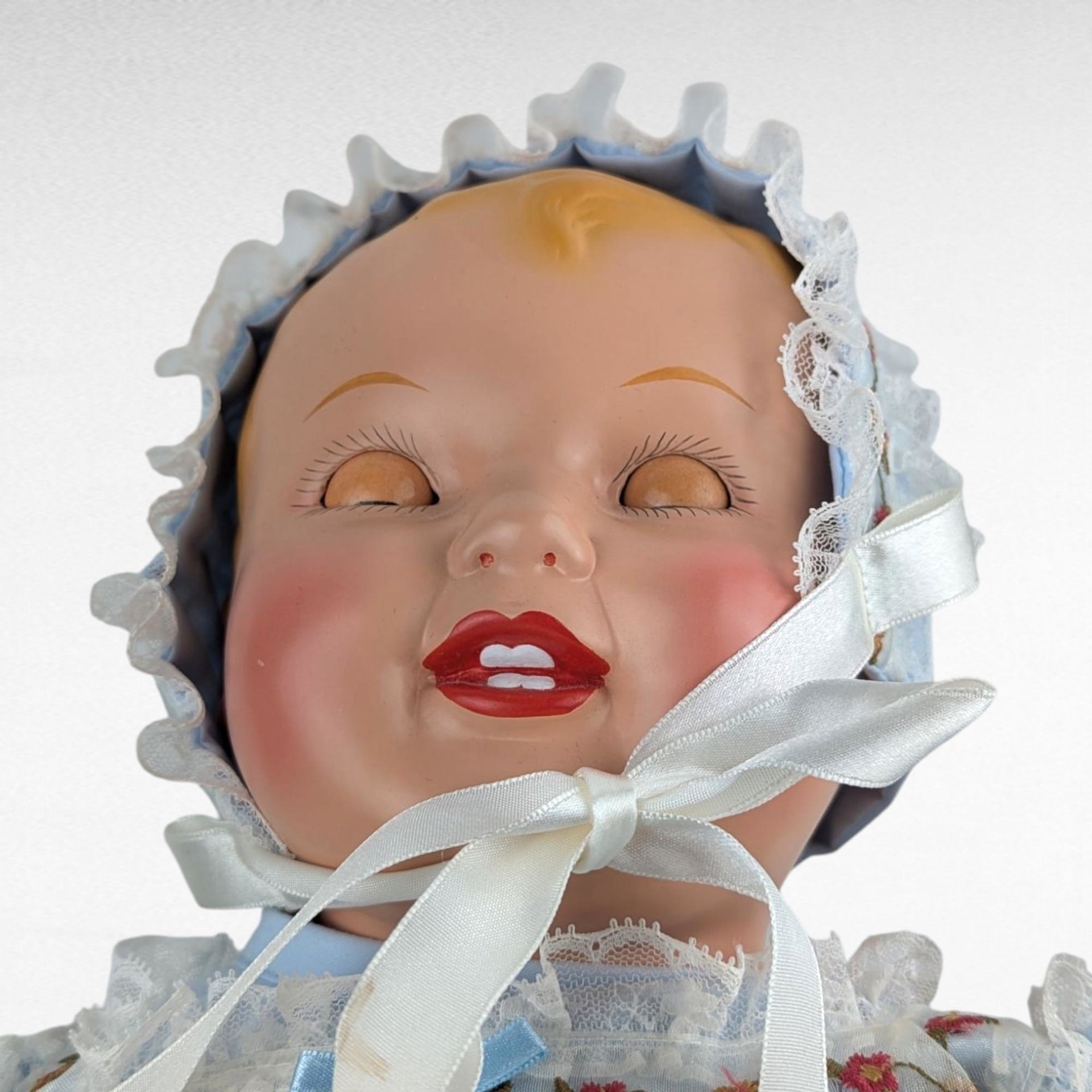 Blonde Baby Doll in Blue Dress and Bonnet, Large Vintage Doll with Moving Eyes and Sound