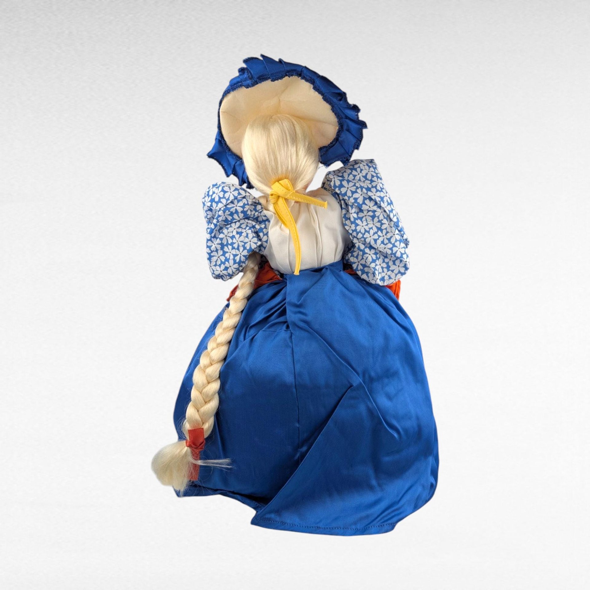 Vintage Handmade Teapot Cozy Doll, 19-Inch Tall, Blue & Orange Dress, Plastic Face, Country Kitchen Charm