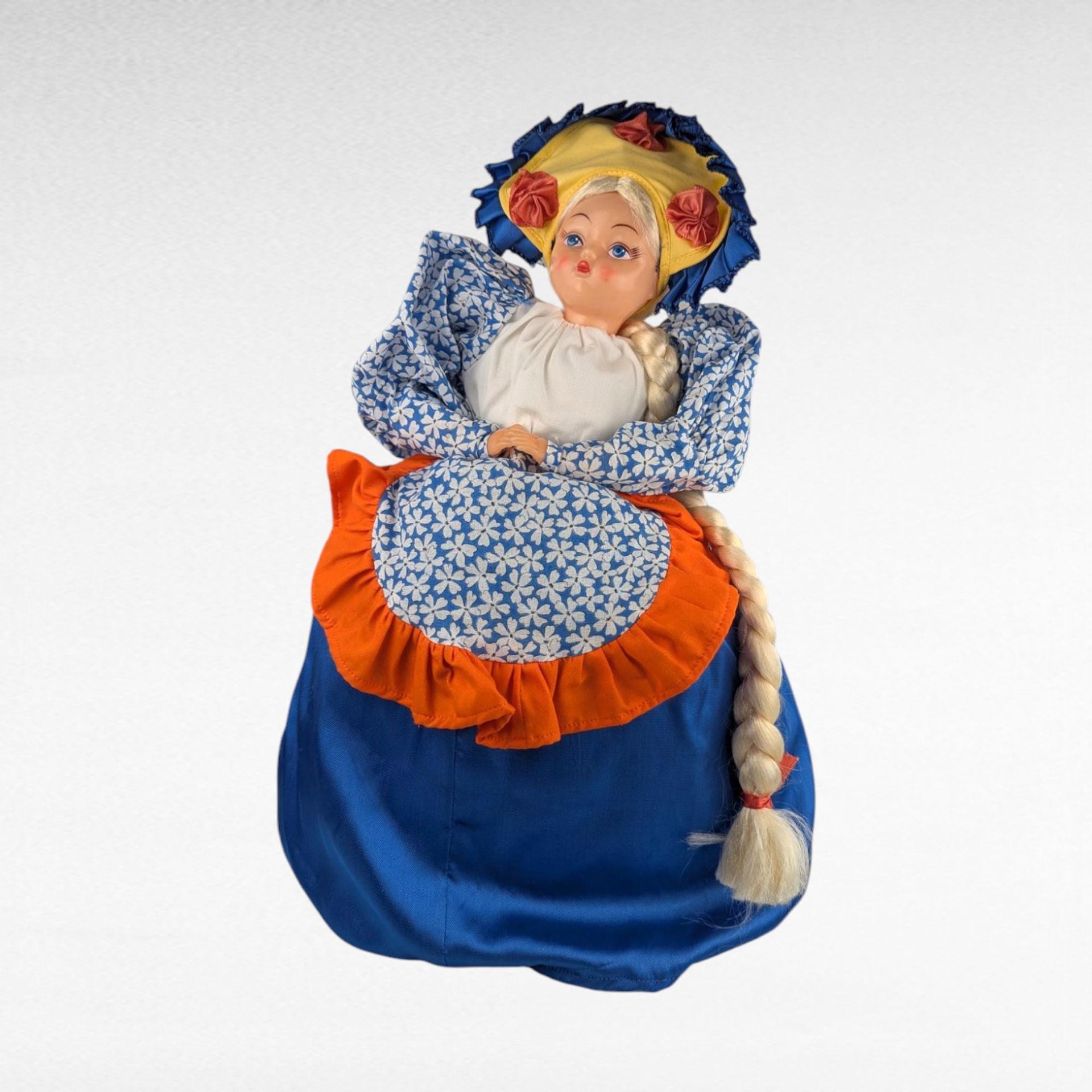 Vintage Handmade Teapot Cozy Doll, 19-Inch Tall, Blue & Orange Dress, Plastic Face, Country Kitchen Charm