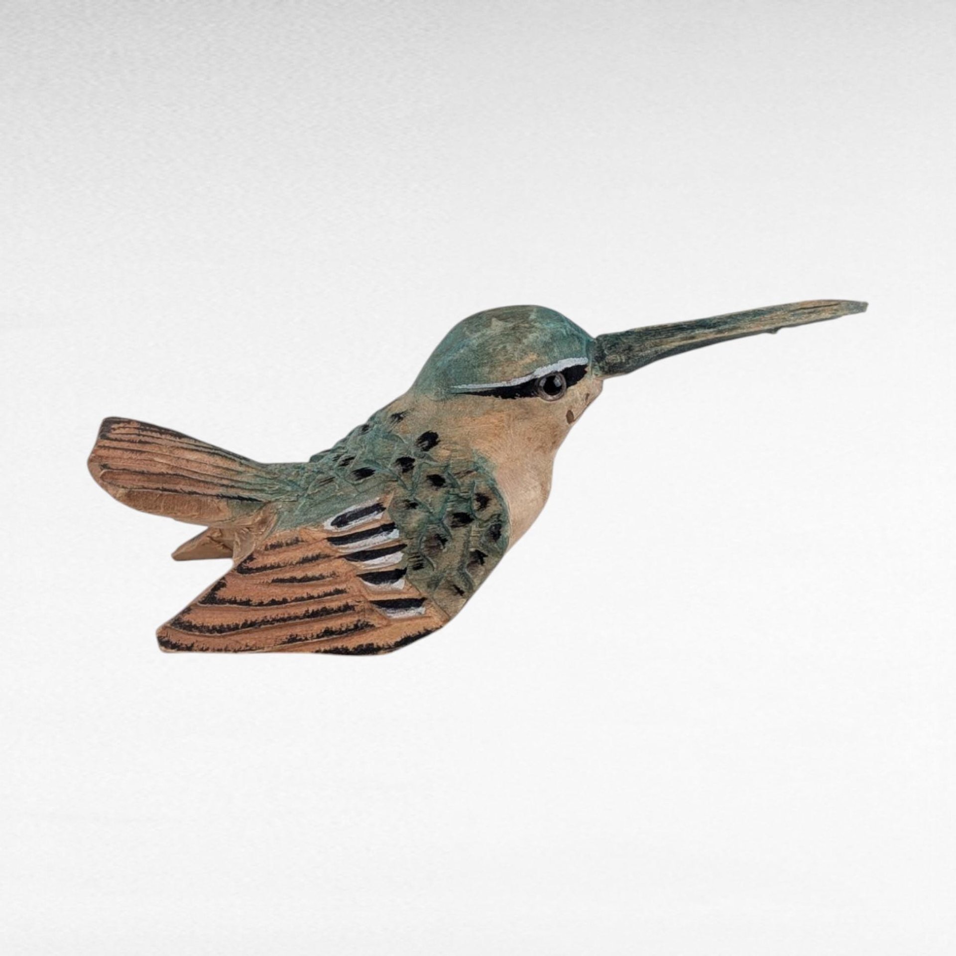 Vintage Hand Carved Wood Hummingbird Figurine, Hand Painted Folk Art Bird Statue, Small Wooden Animal, Bookshelf Sitter, Nature Lover Gift