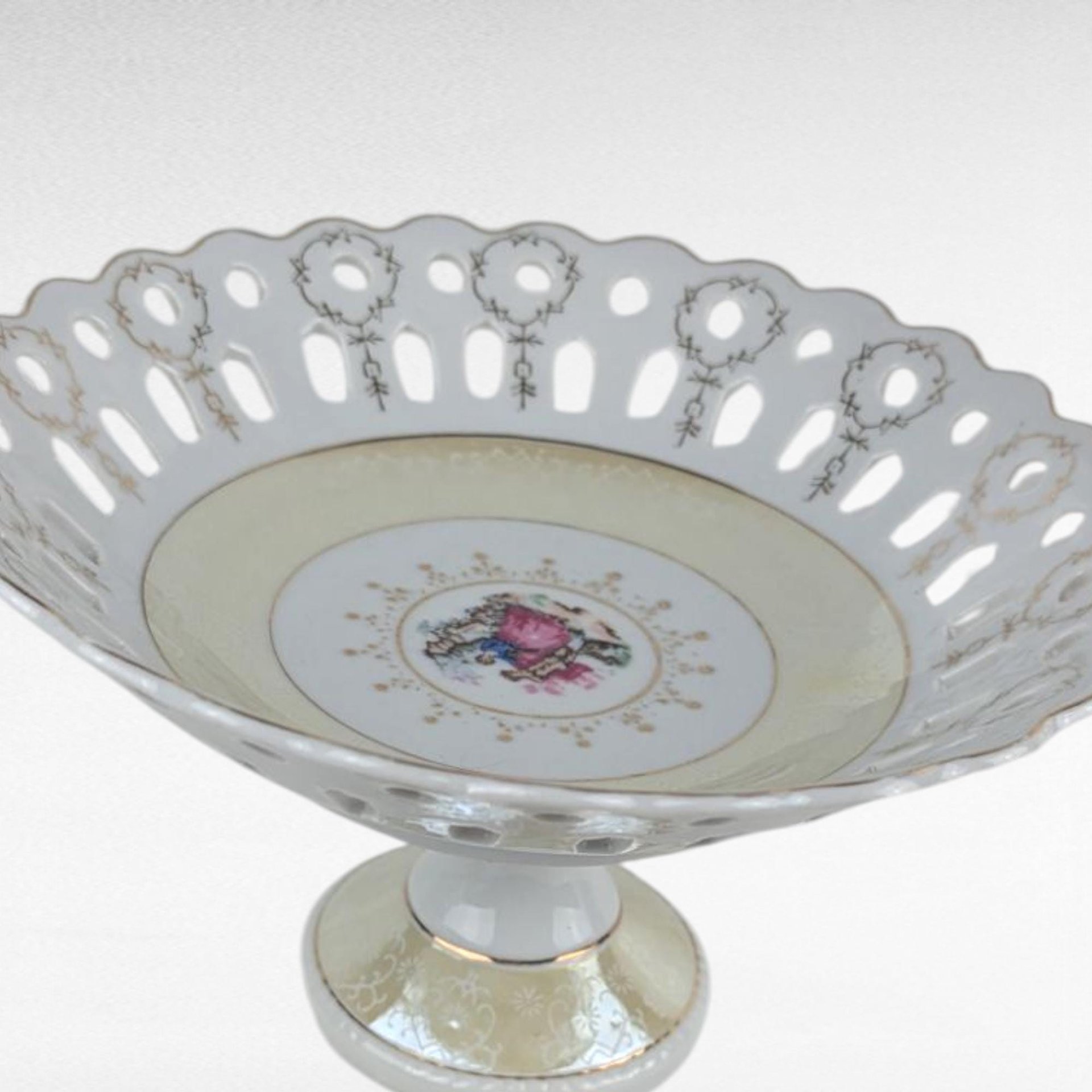 Vintage Arnart Pedestal Bowl, M4036 Reticulated Compote Dish, Fragonard Courting Couple Scene, Japanese Porcelain