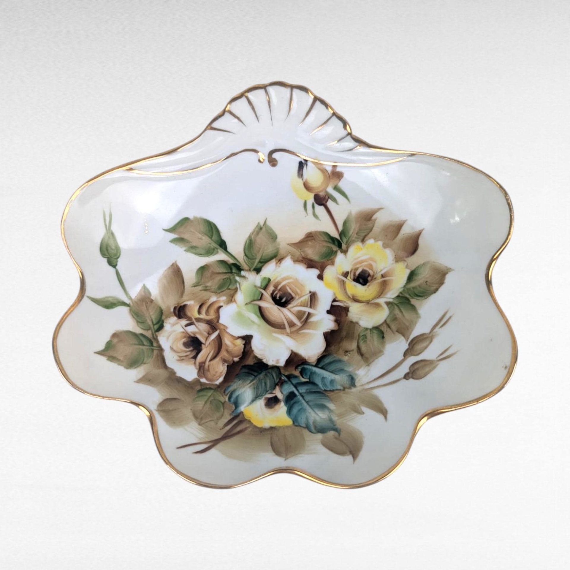 Vintage Ucagco Ceramic Trinket Dish, 1950s Hand Painted Rose Dresser Tray, Floral Vanity Dish with Gold Trim, Mid Century Catchall