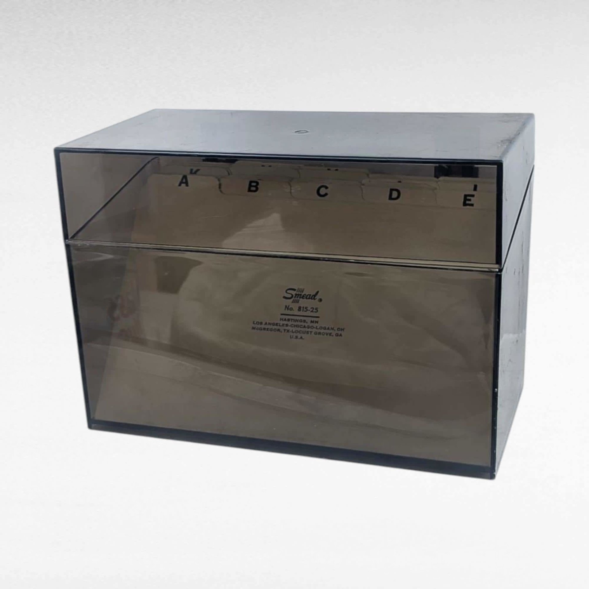Vintage 1980s Index Card Box, Smoked Plastic Recipe Box, 5x8 Card File Holder with Dividers, Office Storage