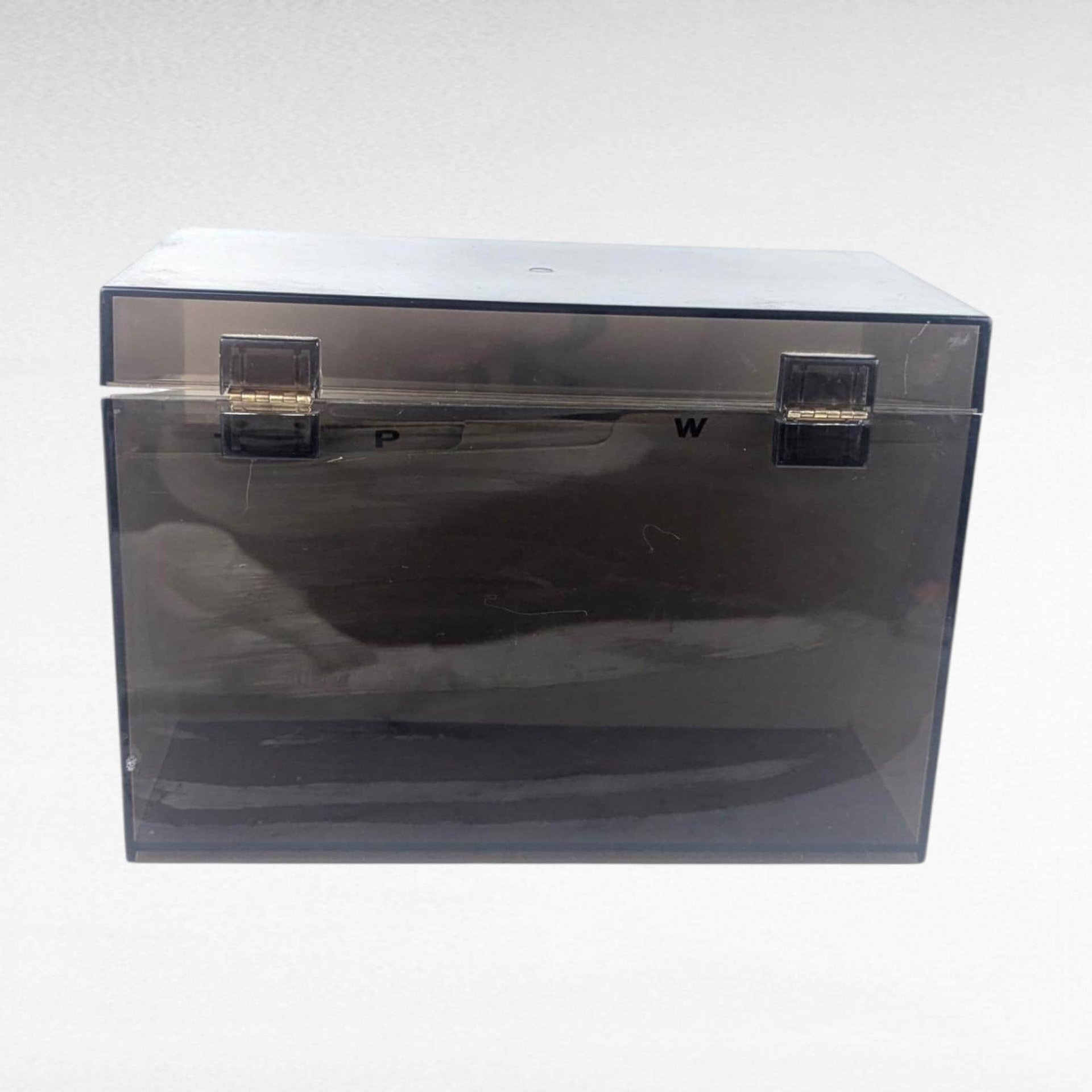 Vintage 1980s Index Card Box, Smoked Plastic Recipe Box, 5x8 Card File Holder with Dividers, Office Storage