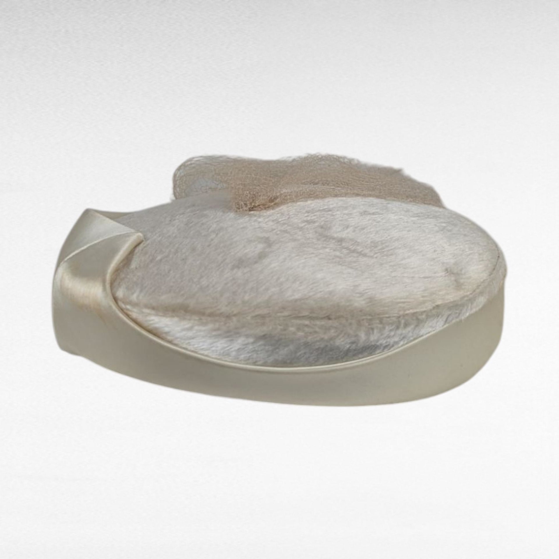 Vintage 1960s Martha Jean Bridal Pillbox Hat with Birdcage Veil, Ivory Satin Cocktail Hat for Display or Restoration