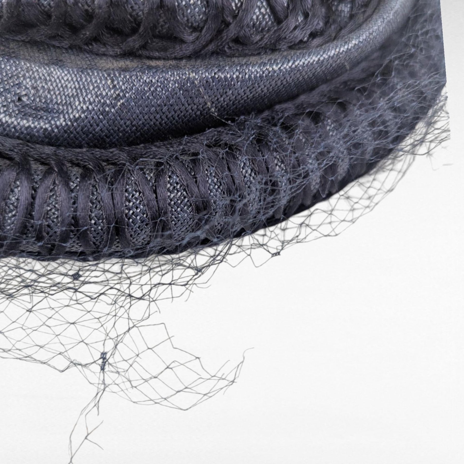 Vintage 1950s Pinehurst Navy Blue Woven Hat, H.P. Wasson and Co. Cocktail Hat with Net Veil, Mid Century Formal Headwear