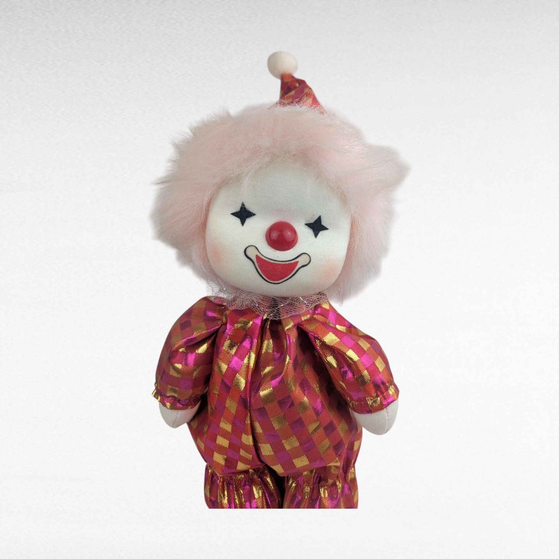 Vintage 1988 Poter Musical Clown Doll, Animated Wind Up Toy, Pink Hair and Gold Suit, 80s Collector Doll Nursery Decor