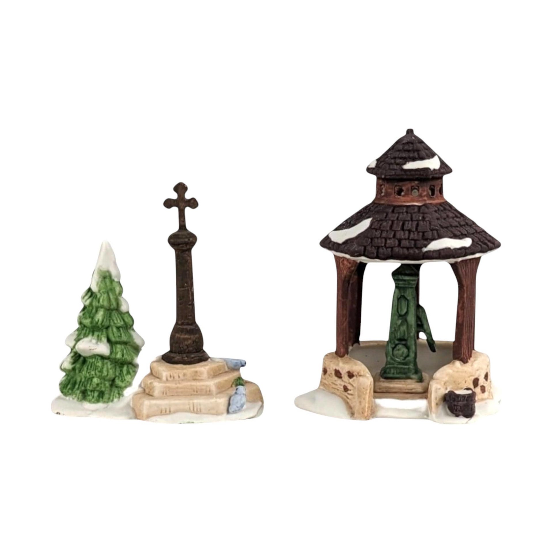 Vintage Dept 56 Village Accessories, Snowman Sign, Well & Cross Set, Hand Painted Porcelain, Christmas Village Decor, Holiday Gift