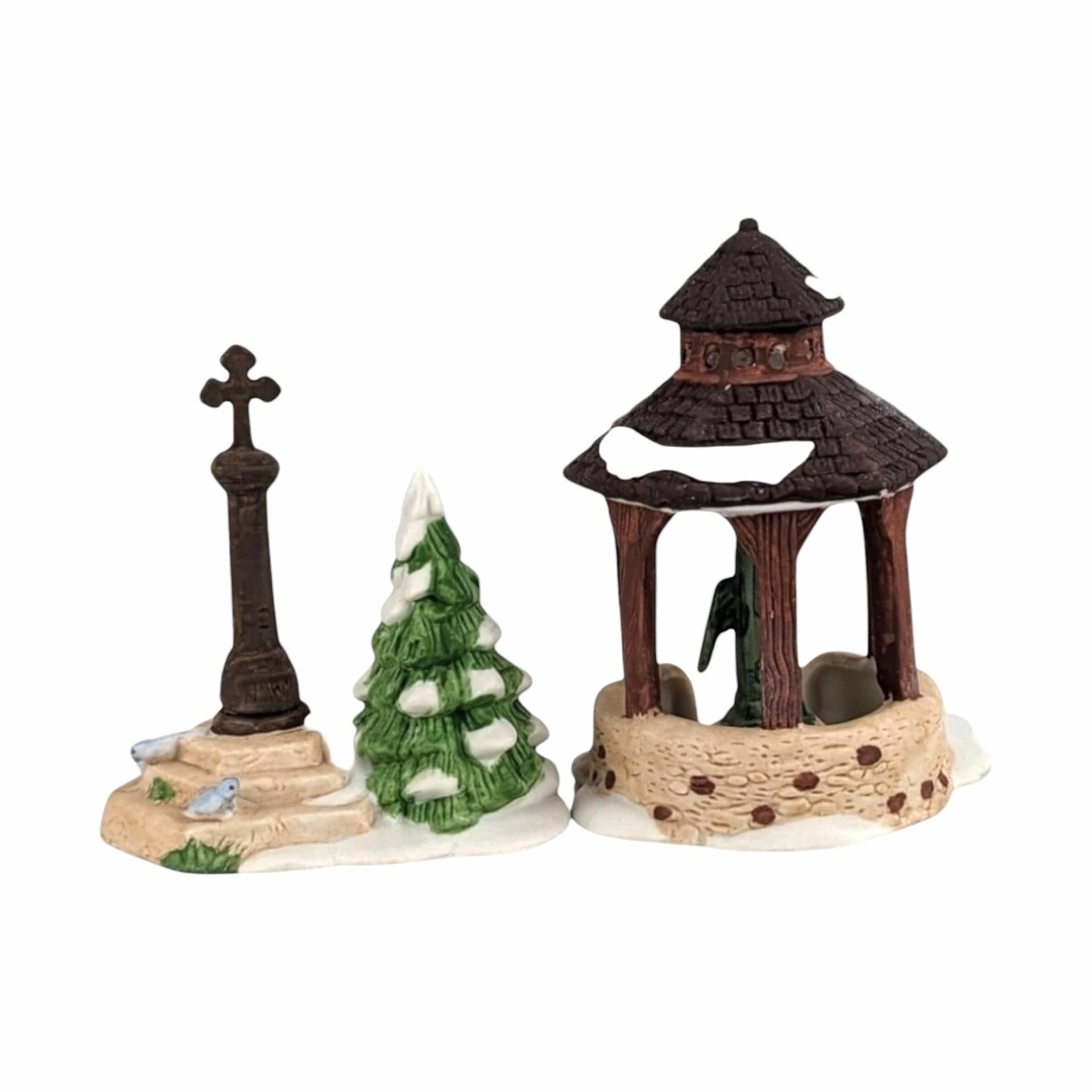Vintage Dept 56 Village Accessories, Snowman Sign, Well & Cross Set, Hand Painted Porcelain, Christmas Village Decor, Holiday Gift