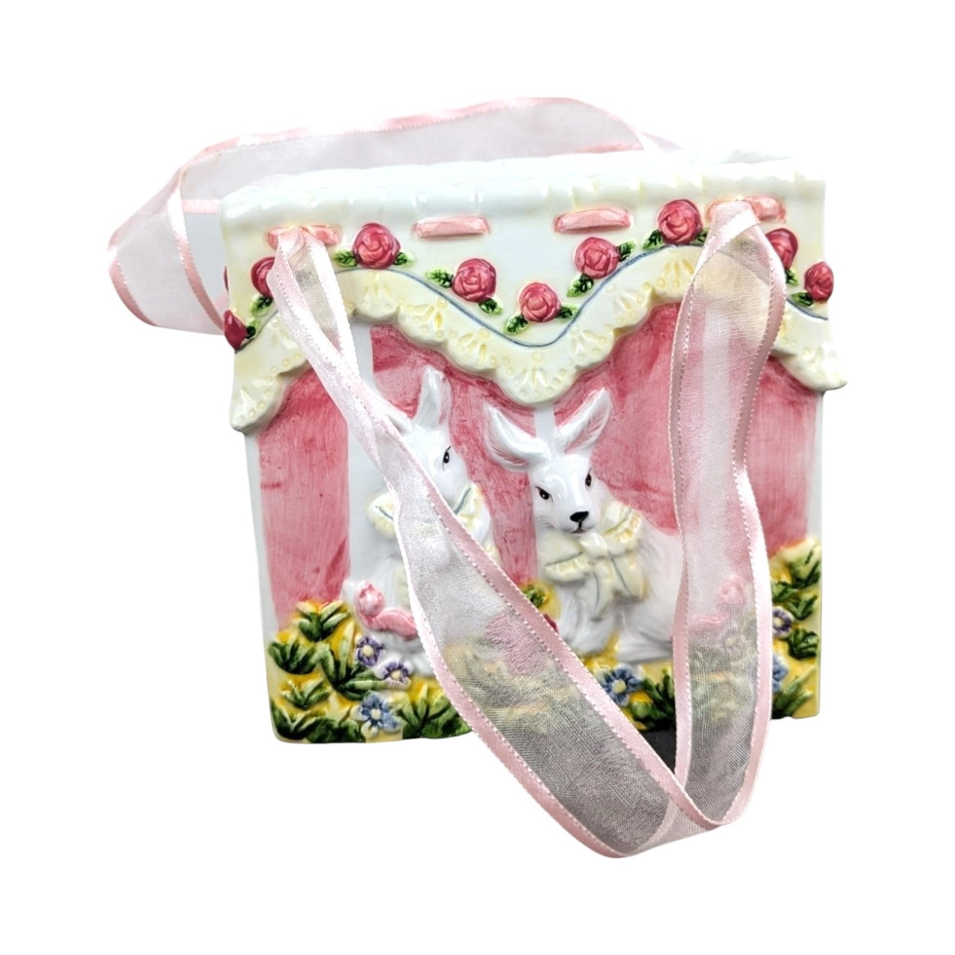 Vintage Ceramic Easter Bunny Bag: Pink Striped Basket Decor