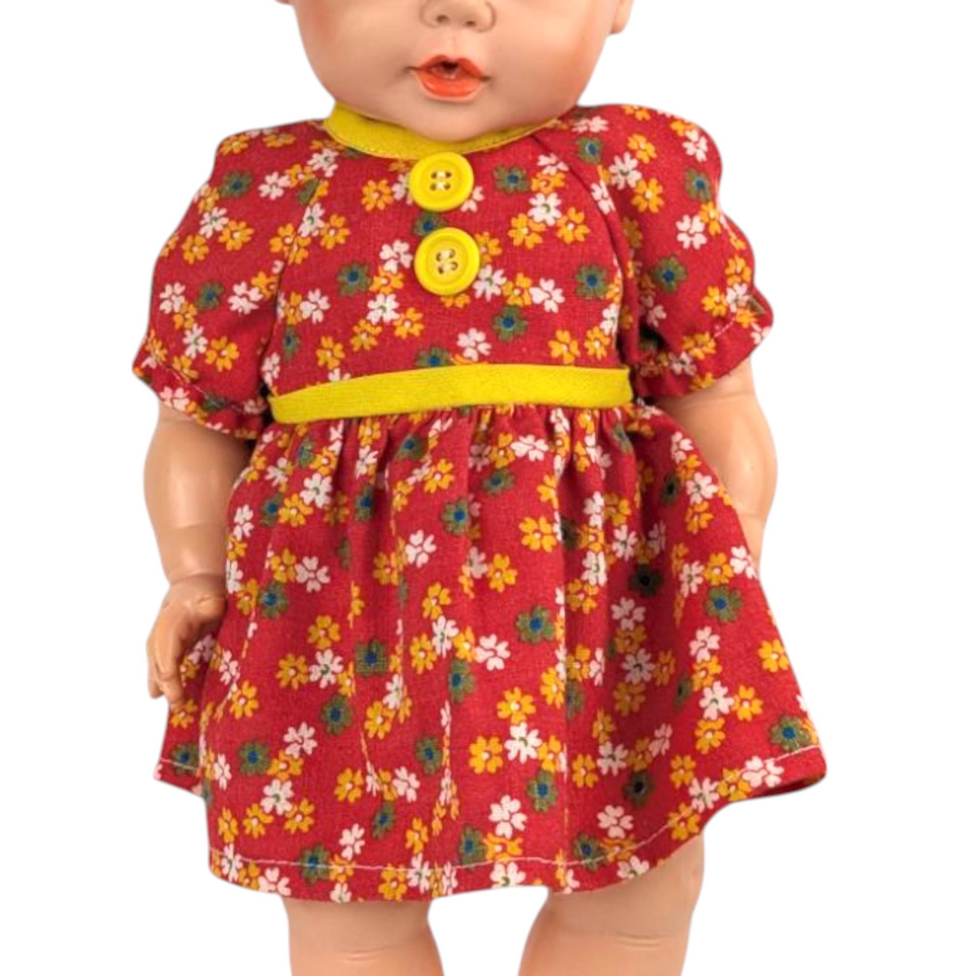 Vintage Eegee Baby Doll 14.5", Red Floral Dress, Moving Arms & Legs, Open and Close Eyes, Collectible Doll, Play Doll