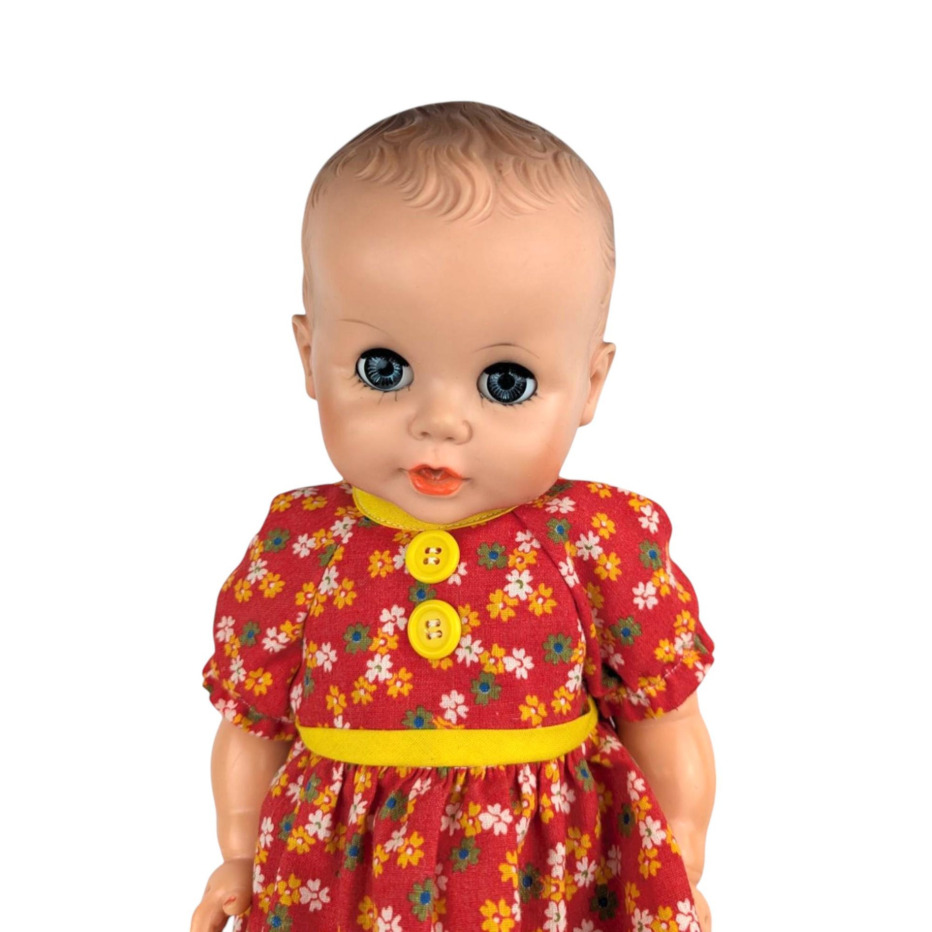 Vintage Eegee Baby Doll 14.5", Red Floral Dress, Moving Arms & Legs, Open and Close Eyes, Collectible Doll, Play Doll